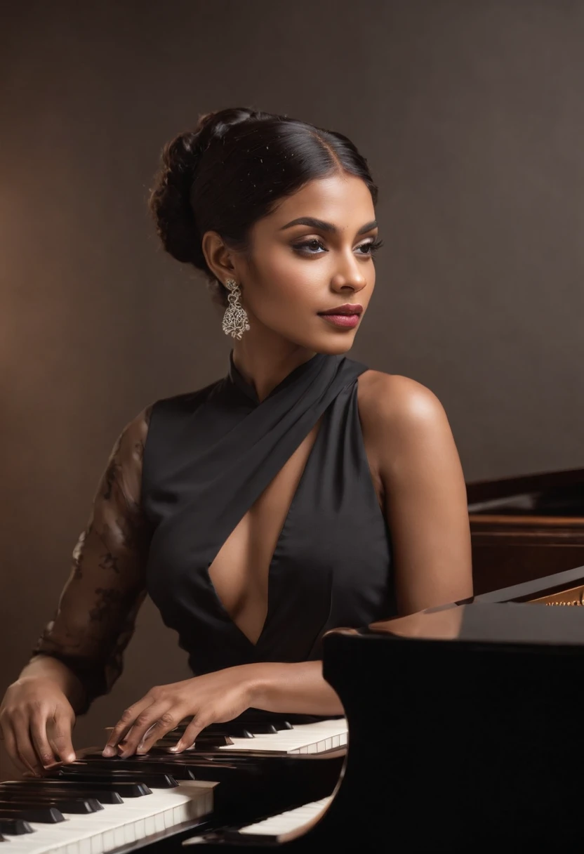 There is a bangladeshi light brown woman wearing black full sleeve sari playing a piano, Promotional Art, fanart, martin ansin artwork portrait, promotional image, hq artwork, art promotional, fanart, album art, official artwork, key art, promotional artwork, Siswave, digitalartist, Ashtelos, afro futurism, jen bartel, keyboardist, blend