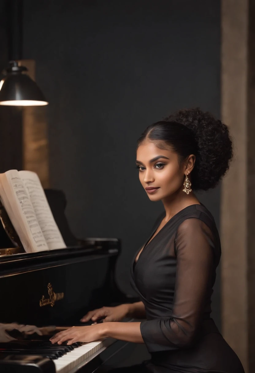 There is a bangladeshi light brown woman wearing black full sleeve sari playing a piano, Promotional Art, fanart, martin ansin artwork portrait, promotional image, hq artwork, art promotional, fanart, album art, official artwork, key art, promotional artwork, Siswave, digitalartist, Ashtelos, afro futurism, jen bartel, keyboardist, blend