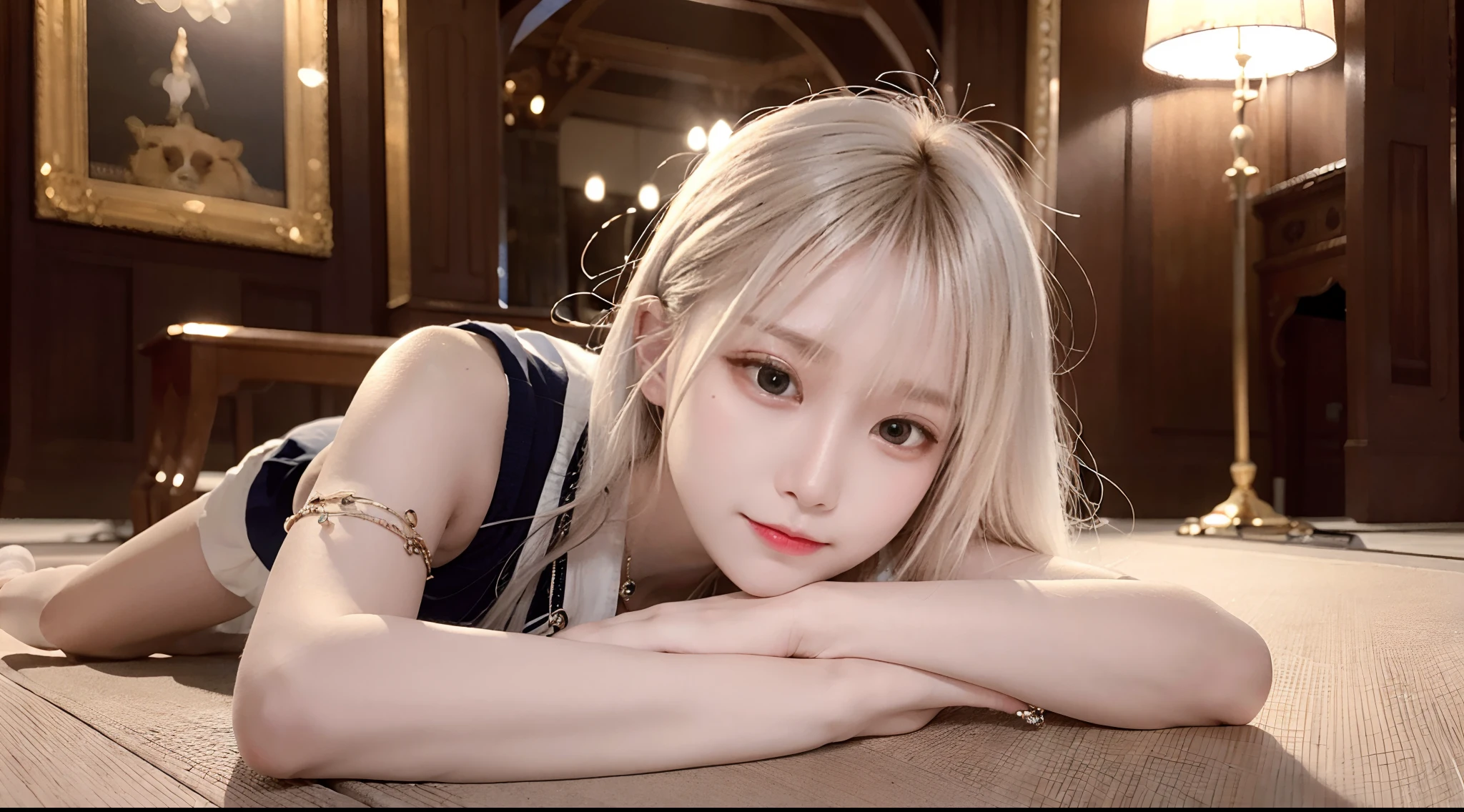 Gorgeous and delicate glowing bear hair ornament,Fine engraving,Shine brightly,The attention to detail,The jewelry is of high quality,Extremely high image quality,Heterochromia,校服。a sailor suit,Transparent white cloud pattern,Delicate depiction of bronzed skin,Long blue and white hair,Many hairs,detailed hairs,Seductive expressions,Red faces are depicted in detail,lies on the ground,HD full-body close-up,16K high-resolution photos