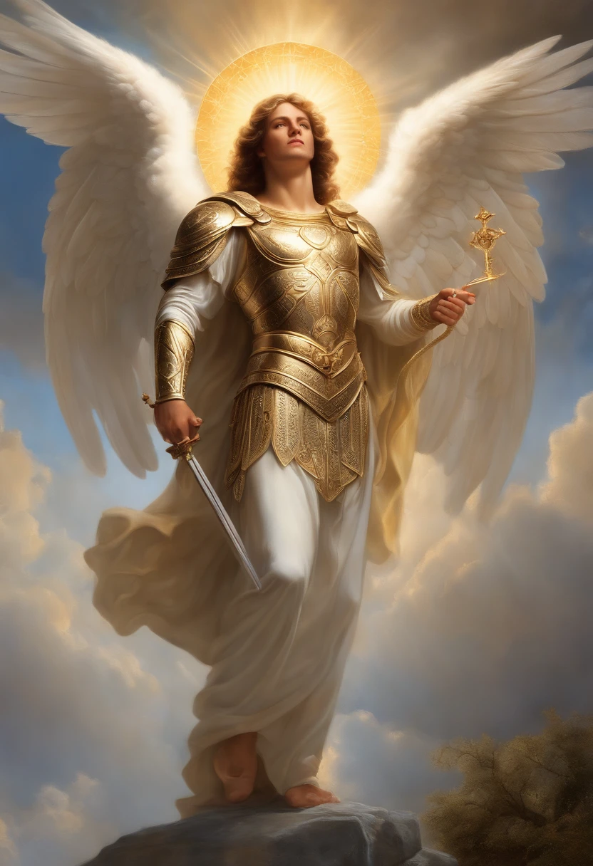 um personagem masculino, o arcanjo Miguel, imagem celestial, detalhes intricados, realista, asas ROSAS e grandes, fundo angelical, Catholic illustrative image of the archangel Michael, Male character of the Bible, Michael is wearing his angelic armor, cosmic background, Illumination in the Archangel and in the background, imagem do corpo todo do anjo, Maximum detail and his angelic face and wings, pele perfeita realista, Maximum image quality, Miguel ele esta destacado na imagem com cores fortes e chamativas.