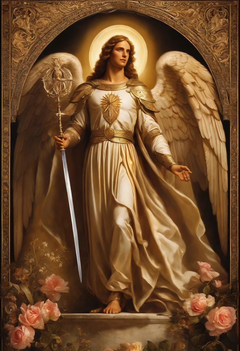 um personagem masculino, o arcanjo Miguel, imagem celestial, detalhes intricados, realista, asas ROSAS e grandes, fundo angelical, Catholic illustrative image of the archangel Michael, Male character of the Bible, Michael is wearing his angelic armor, cosmic background, Illumination in the Archangel and in the background, imagem do corpo todo do anjo, Maximum detail and his angelic face and wings, pele perfeita realista, Maximum image quality, Miguel ele esta destacado na imagem com cores fortes e chamativas.