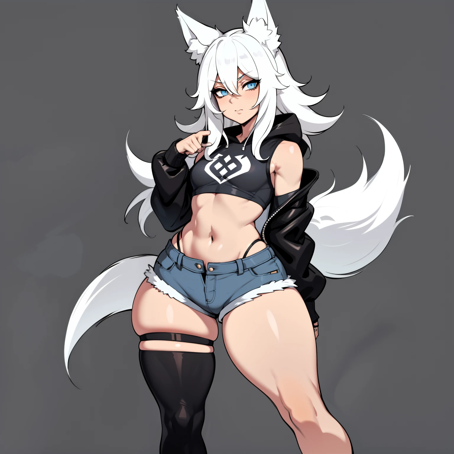 Single boy, Anime Femboy, Short, Long white hair, wolf ears, wolf tail, blue eyes, wearing jean short shorts, thigh high socks, black combat boots, wearing cropped black hoodie, flat chest, super flat chest, solo femboy, only one femboy ((FLAT CHEST)), wide hips, thicc thighs, happy, nice butt