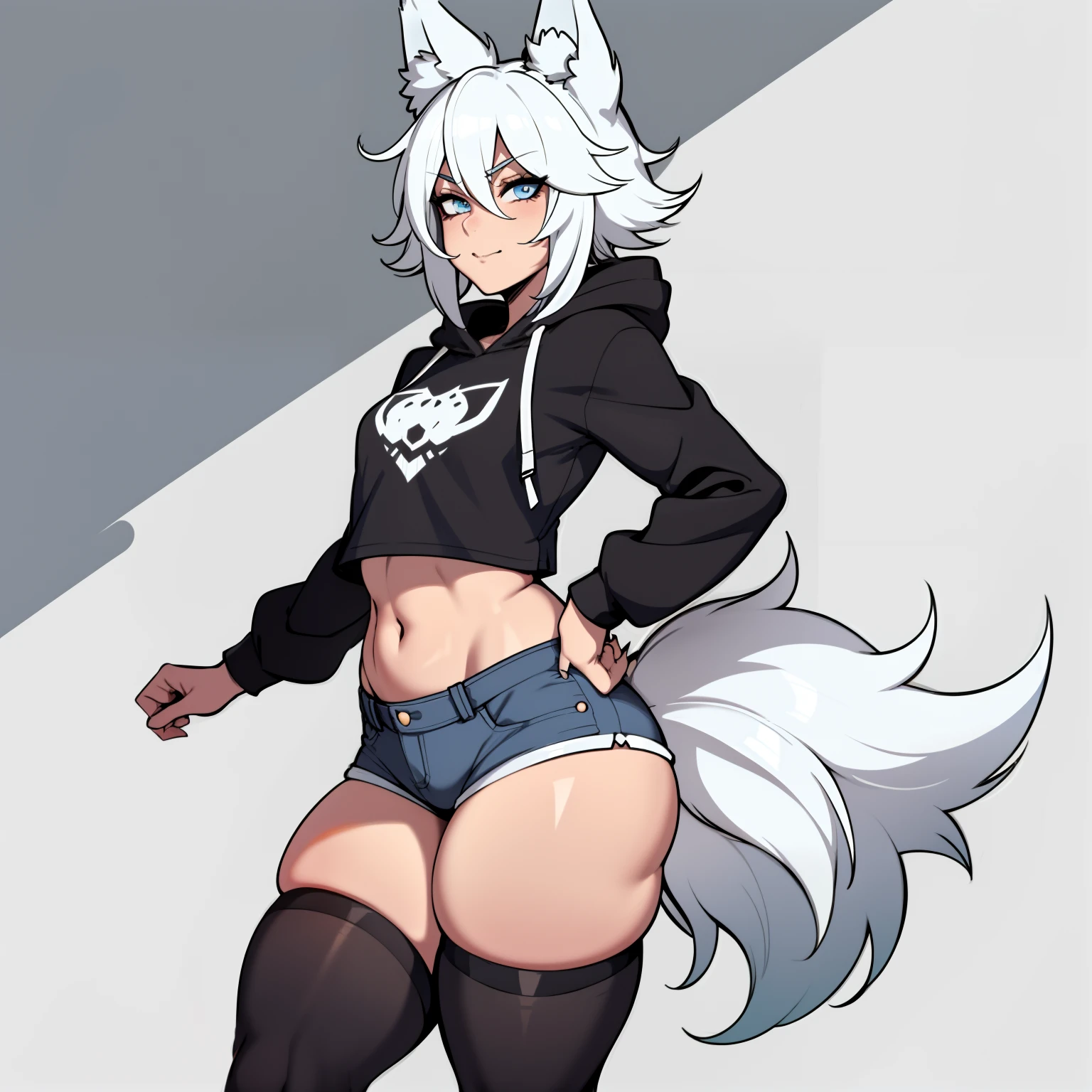 Single boy, Anime Femboy, Short, Long white hair, wolf ears, wolf tail, blue eyes, wearing jean short shorts, thigh high socks, black combat boots, wearing cropped black hoodie, flat chest, super flat chest, solo femboy, only one femboy ((FLAT CHEST)), wide hips, thicc thighs, happy, nice butt