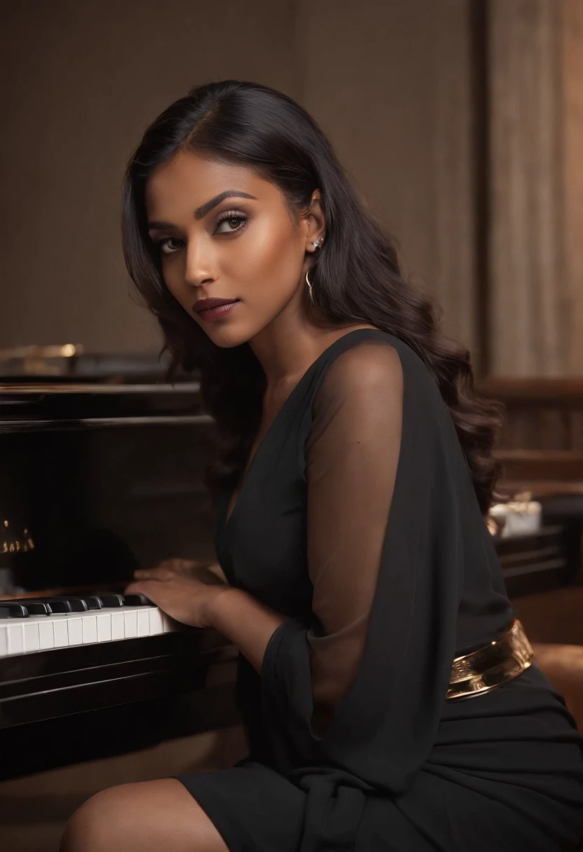 There is a bangladeshi light brown woman wearing black full sleeve sari playing a piano, Promotional Art, fanart, martin ansin artwork portrait, promotional image, hq artwork, art promotional, fanart, album art, official artwork, key art, promotional artwork, Siswave, digitalartist, Ashtelos, afro futurism, jen bartel, keyboardist, blend