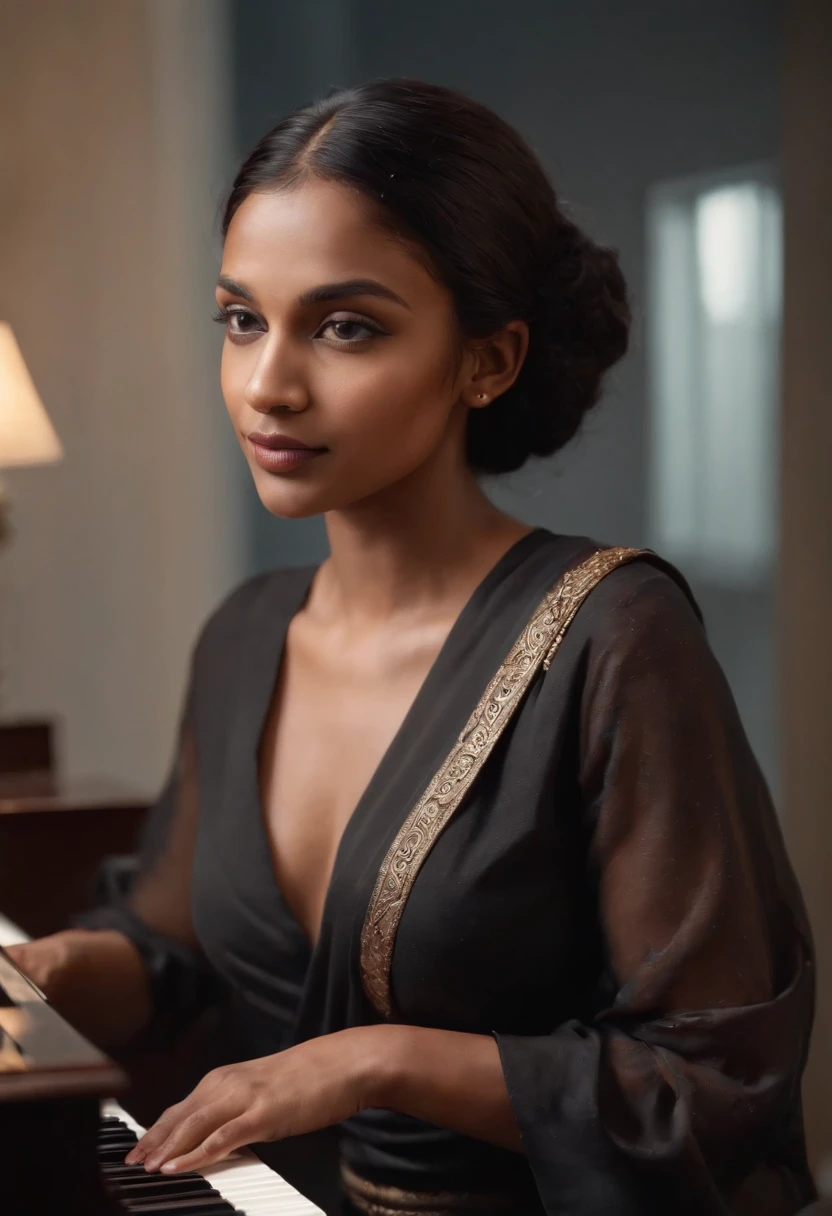 There is a bangladeshi light brown woman wearing black full sleeve sari playing a piano, Promotional Art, fanart, martin ansin artwork portrait, promotional image, hq artwork, art promotional, fanart, album art, official artwork, key art, promotional artwork, Siswave, digitalartist, Ashtelos, afro futurism, jen bartel, keyboardist, blend