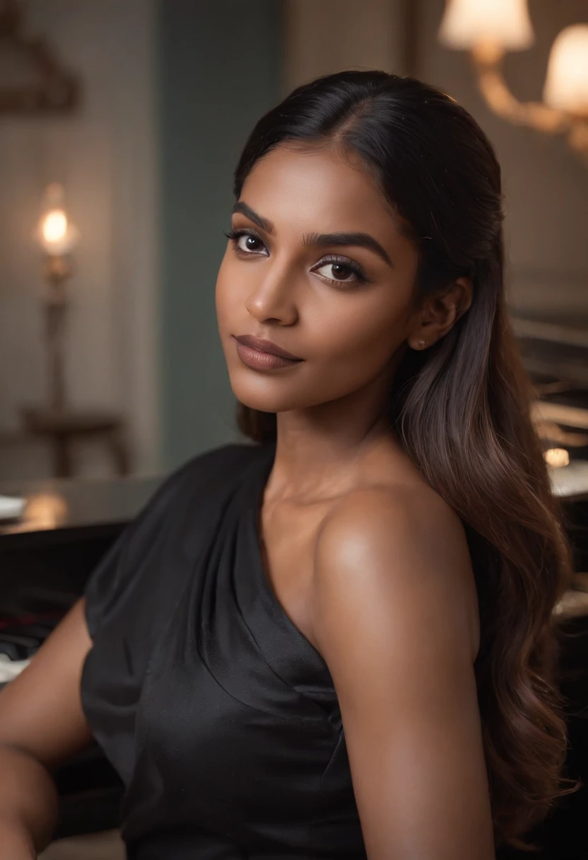 There is a bangladeshi light brown woman wearing black full sleeve sari playing a piano, Promotional Art, fanart, martin ansin artwork portrait, promotional image, hq artwork, art promotional, fanart, album art, official artwork, key art, promotional artwork, Siswave, digitalartist, Ashtelos, afro futurism, jen bartel, keyboardist, blend