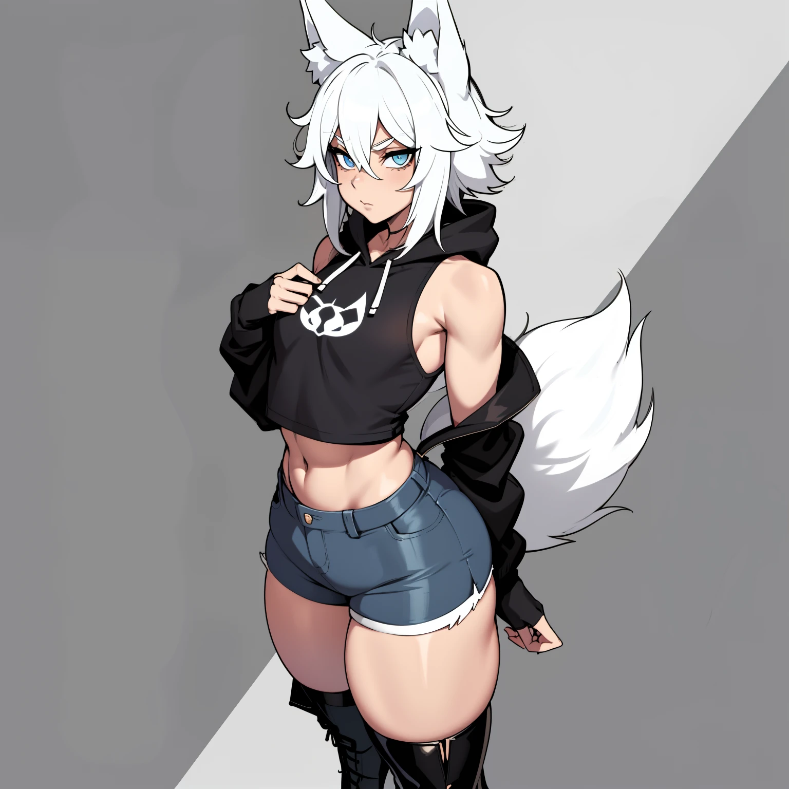 Single boy, Anime Femboy, Short, Long white hair, wolf ears, wolf tail, blue eyes, wearing jean short shorts, thigh high socks, black combat boots, wearing cropped black hoodie, flat chest, super flat chest, solo femboy, only one femboy ((FLAT CHEST)), wide hips, thicc thighs, happy, nice butt