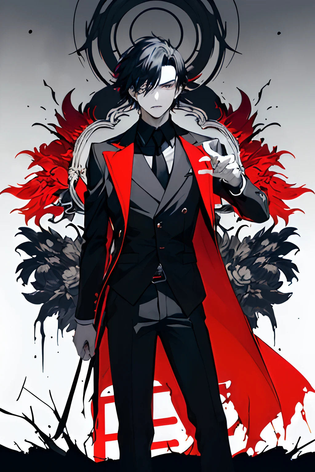 (masterpiece, best quality:1.2), Male, black hair decorated with several strands of red hair, cold gaze, office clothes, tattoos on right hand and on neck