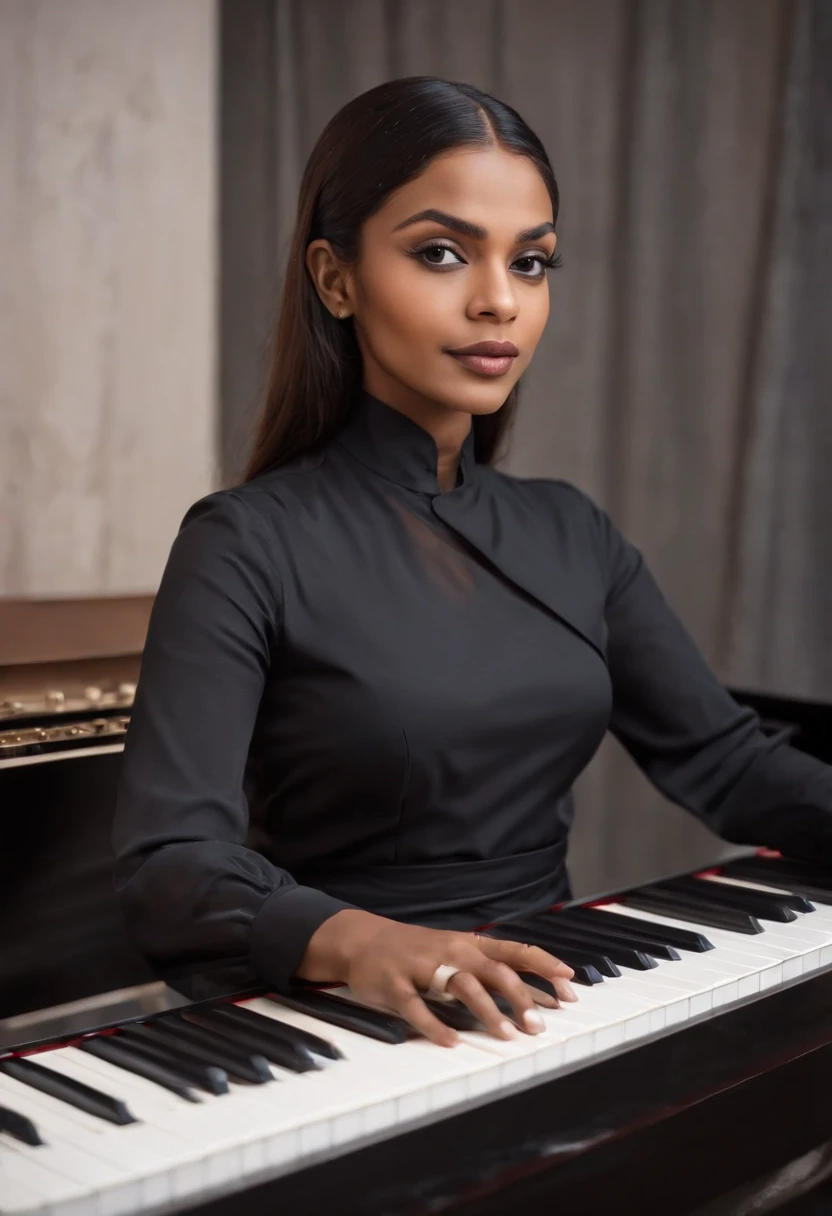 There is a bangladeshi light brown woman wearing black full sleeve salwar kameez playing a piano, Promotional Art, fanart, martin ansin artwork portrait, promotional image, hq artwork, art promotional, fanart, album art, official artwork, key art, promotional artwork, Siswave, digitalartist, Ashtelos, afro futurism, jen bartel, keyboardist, blend