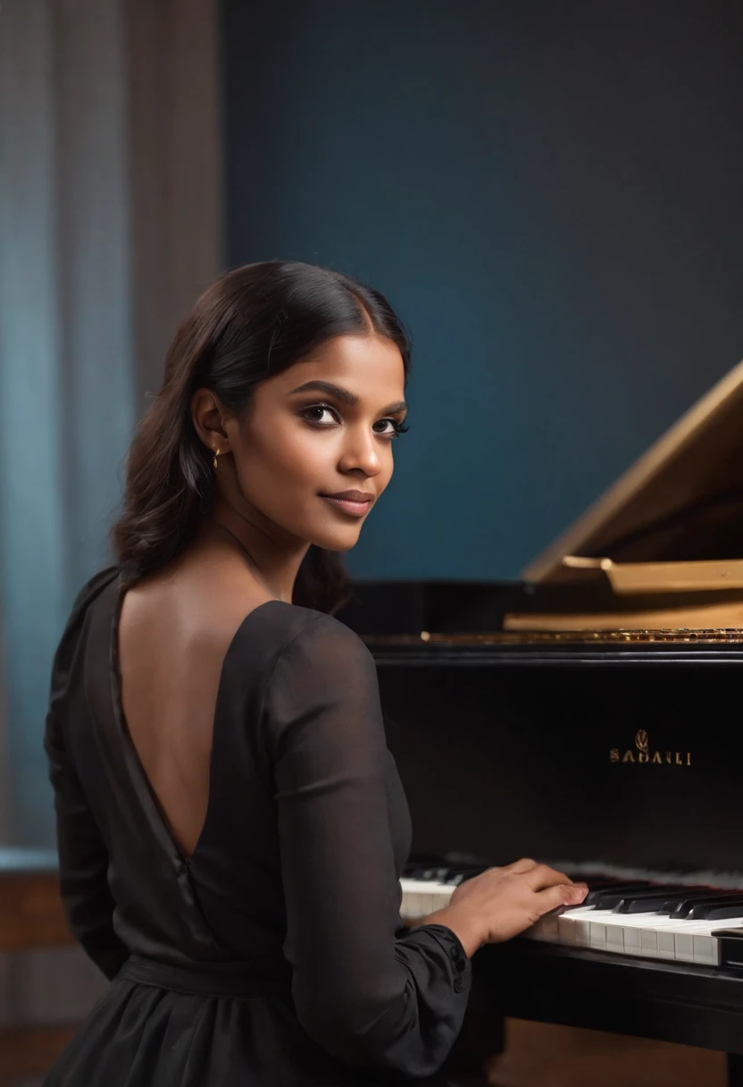 There is a bangladeshi light brown woman wearing black full sleeve salwar kameez playing a piano, Promotional Art, fanart, martin ansin artwork portrait, promotional image, hq artwork, art promotional, fanart, album art, official artwork, key art, promotional artwork, Siswave, digitalartist, Ashtelos, afro futurism, jen bartel, keyboardist, blend