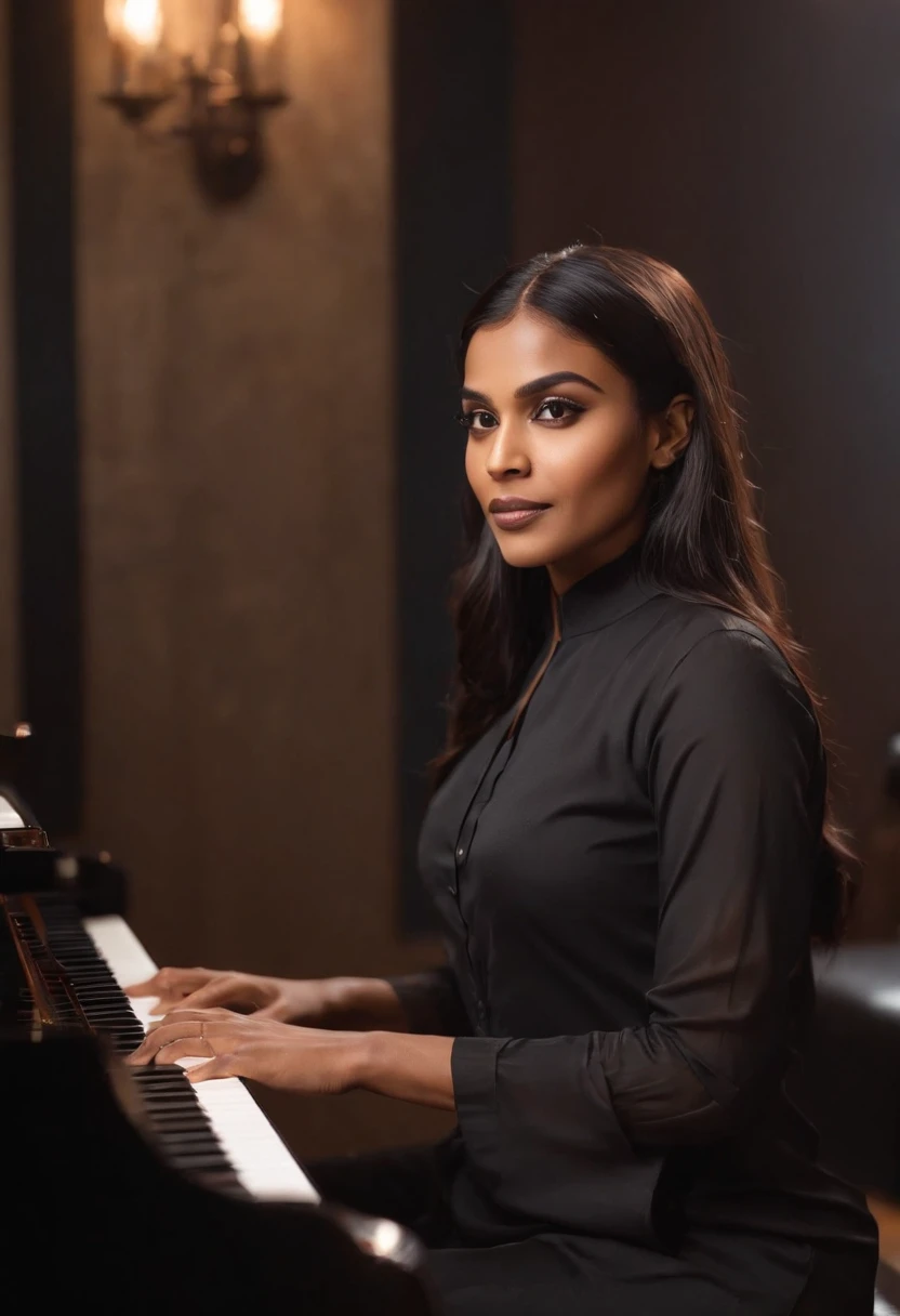 There is a bangladeshi light brown woman wearing black full sleeve salwar kameez playing a piano, Promotional Art, fanart, martin ansin artwork portrait, promotional image, hq artwork, art promotional, fanart, album art, official artwork, key art, promotional artwork, Siswave, digitalartist, Ashtelos, afro futurism, jen bartel, keyboardist, blend