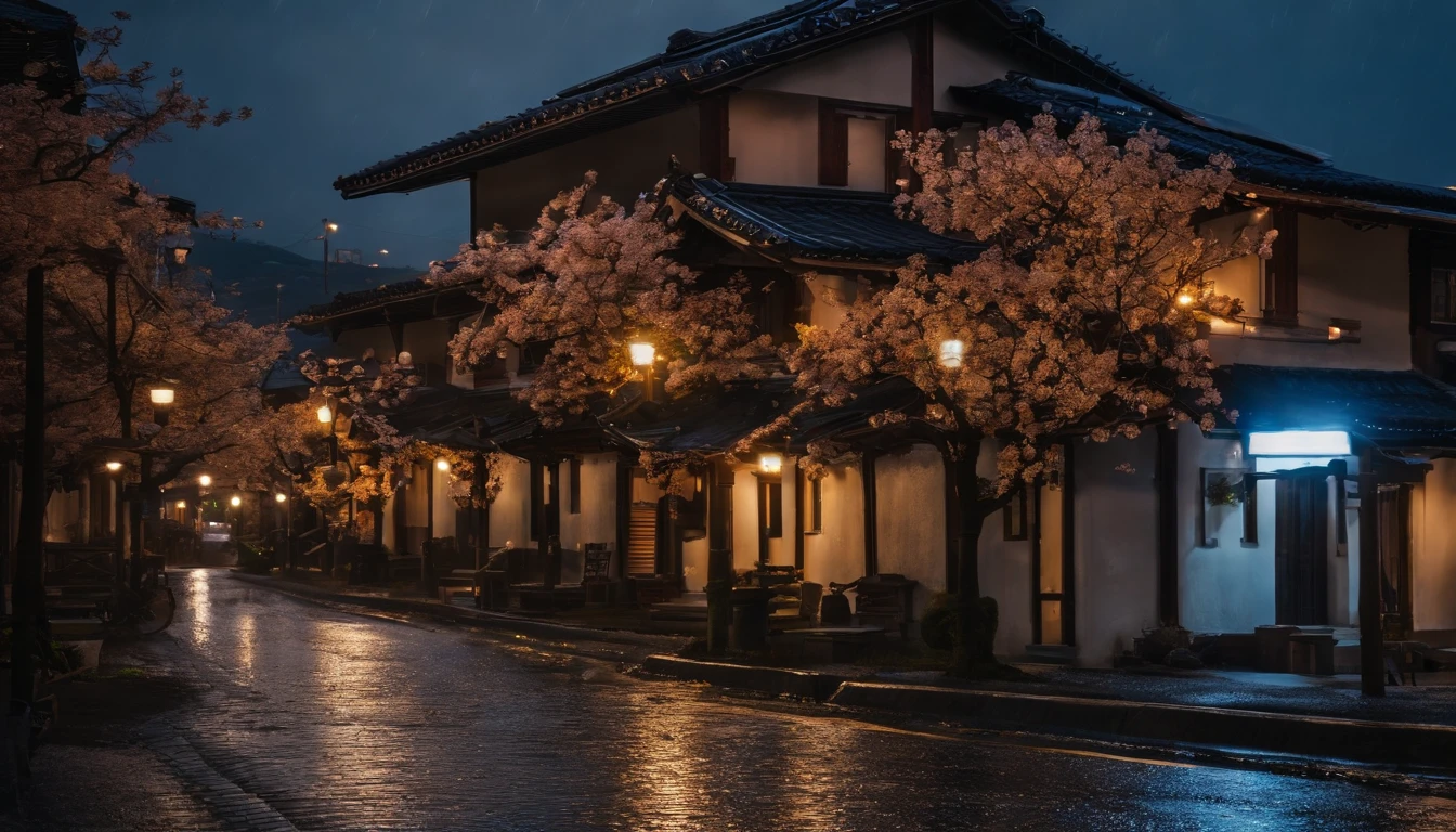 wet road with cuves, japanese style houses, cherry blossoms, petals scattered on the ground, stormy night, light poles with blue lights, mountains, lights from a small town in the distance.