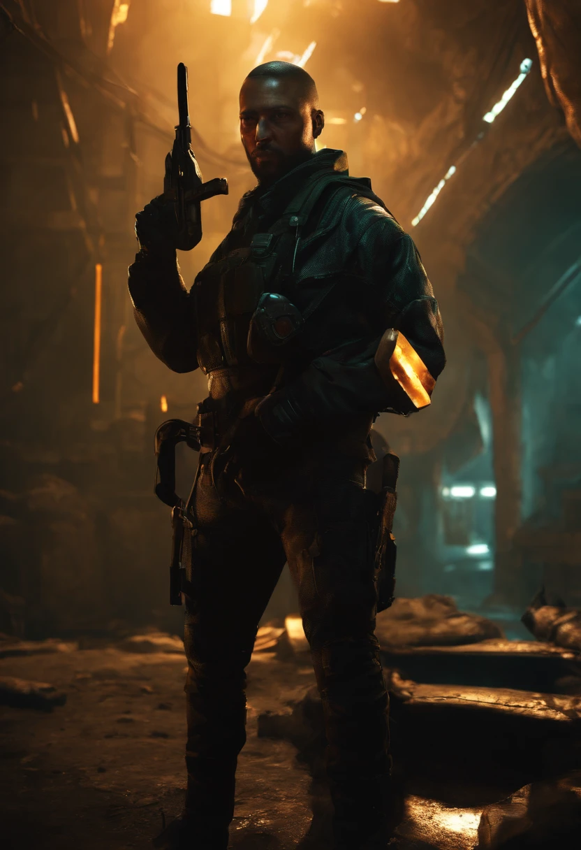 Create Gordom Freeman from Half Life 2 by holding a crowbar in a Matrix-style environment, hugging Alerquina in sexy war clothes all torn.