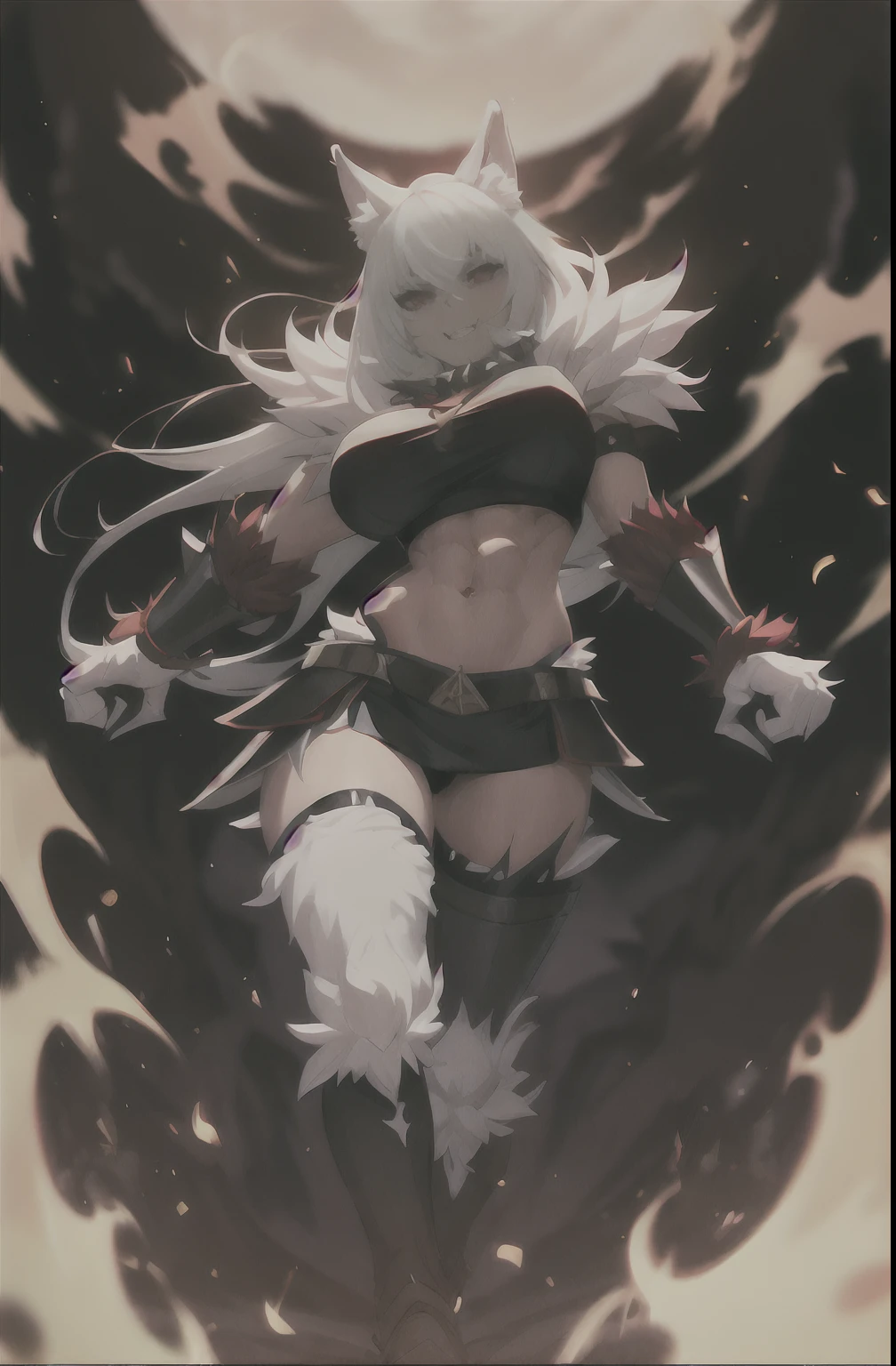 (masterpiece, best quality),1girl, mature woman, hhmge, monster girl, black sclera, red eyes, white fur, wolf paws, slit pupils, animal hands, white, muscular, white hair, spiked long hair, battle armor, fangs thigh high boots