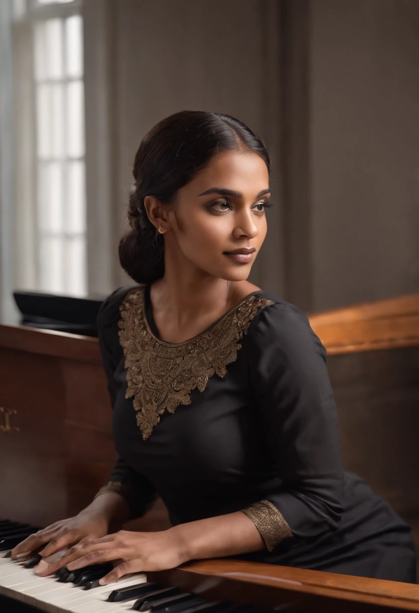 There is a bangladeshi light brown woman wearing black full sleeve salwar kameez playing a piano, Promotional Art, fanart, martin ansin artwork portrait, promotional image, hq artwork, art promotional, fanart, album art, official artwork, key art, promotional artwork, Siswave, digitalartist, Ashtelos, afro futurism, jen bartel, keyboardist, blend