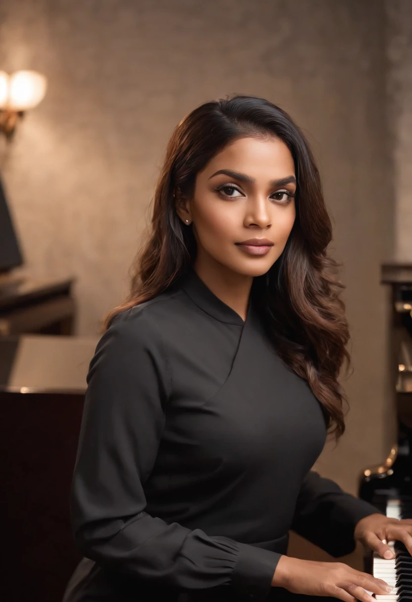 There is a bangladeshi light brown woman wearing black full sleeve salwar kameez playing a piano, Promotional Art, fanart, martin ansin artwork portrait, promotional image, hq artwork, art promotional, fanart, album art, official artwork, key art, promotional artwork, Siswave, digitalartist, Ashtelos, afro futurism, jen bartel, keyboardist, blend