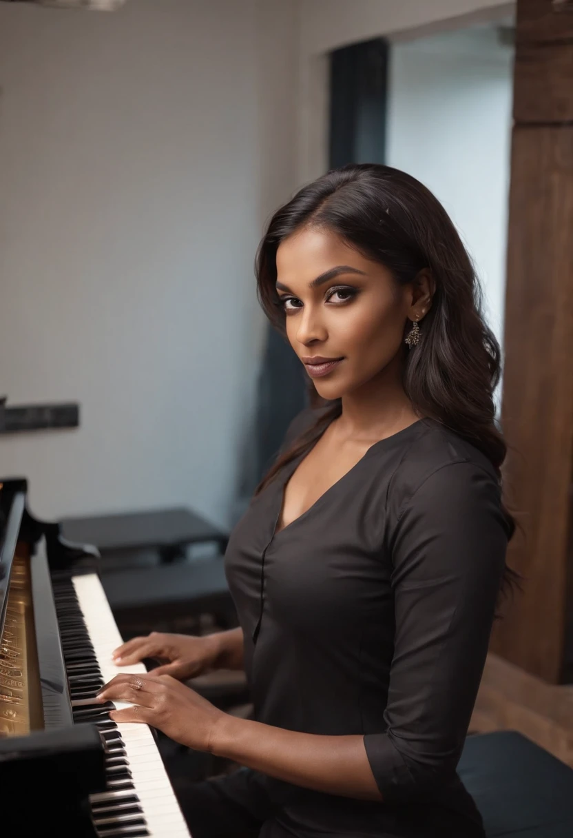 There is a bangladeshi light brown woman wearing black full sleeve salwar kameez playing a piano, Promotional Art, fanart, martin ansin artwork portrait, promotional image, hq artwork, art promotional, fanart, album art, official artwork, key art, promotional artwork, Siswave, digitalartist, Ashtelos, afro futurism, jen bartel, keyboardist, blend