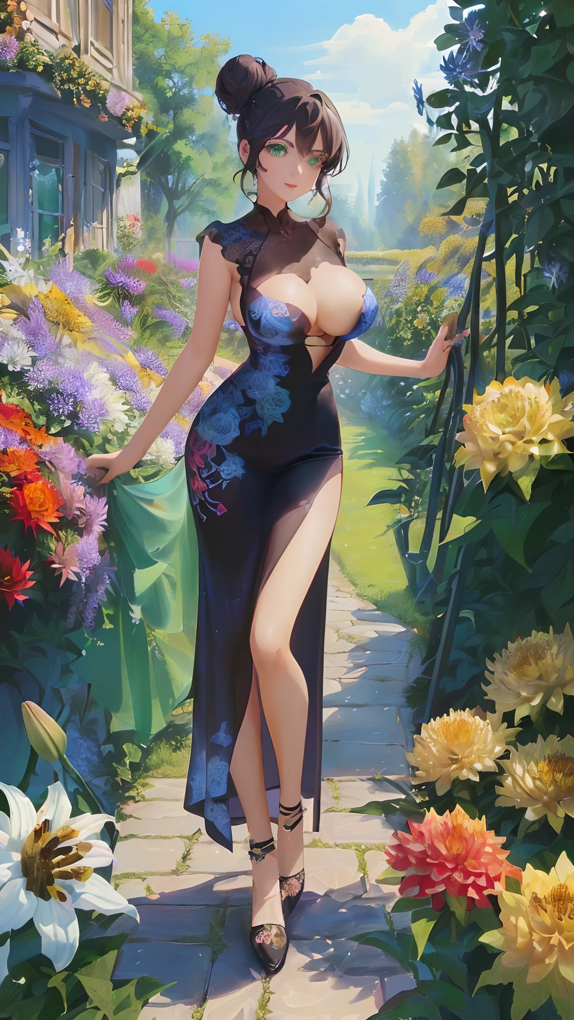 (((((ung woman))), 独奏, the anime, ( Green eyes,), (black hair), (((morena))), Nice face, ssmile, the perfect body, Wavy Hair, hairlong, , big breastes, clearly drawn face , Bright make-up, red-lips, Fingernails are painted, expressive eyes, ((tmasterpiece, beste-Qualit)), illustartion, ультра детализированная 8k, Photorealistic, sharp-focus, higly detailed, Professional lighting, (Designer dress with floral print, garden, Asters, chamomile, Dahlias, lily, roses, messy bun hair