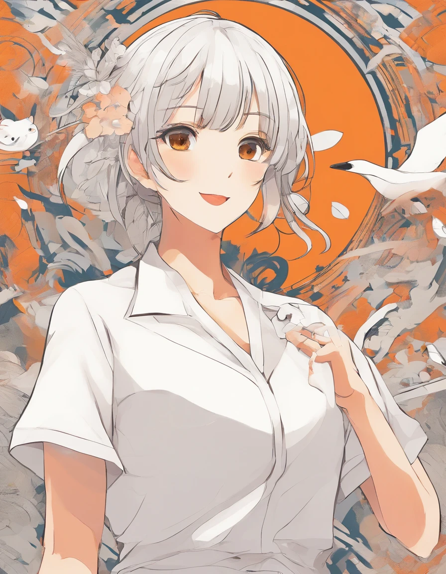 Rough with simple and mature illustrations、One beautiful mom in white shirt、bustshot、Business Smile、Trustworthy atmosphere、icons、The background is all light orange.