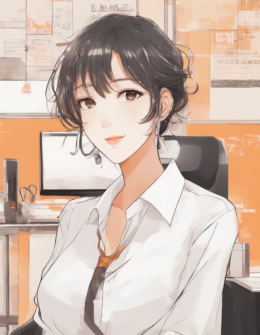 Rough with simple and mature illustrations、One beautiful mom in white shirt、bustshot、Business Smile、Trustworthy atmosphere、icons、The background is all light orange.