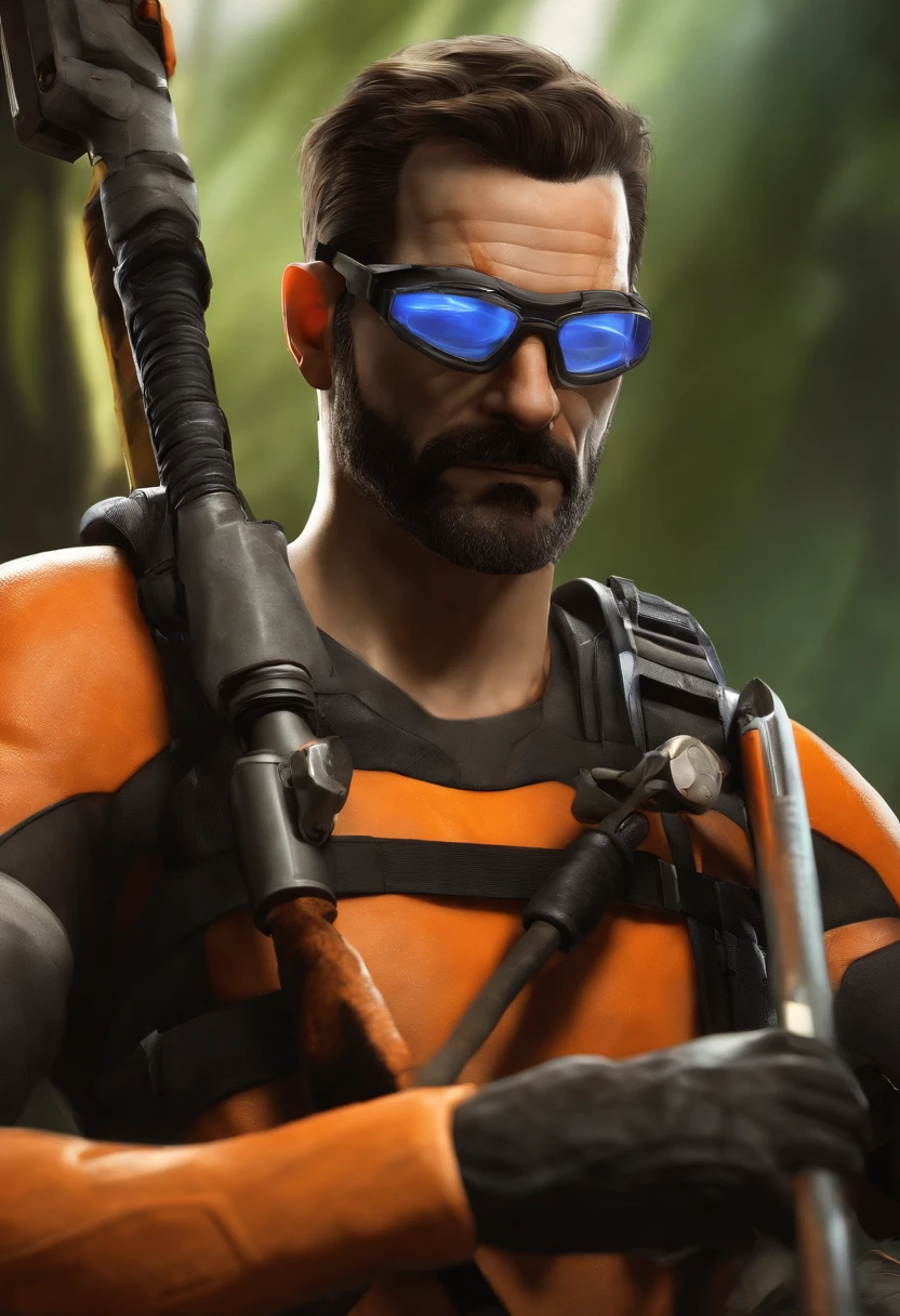 Gordon Freeman from Half Life 2 holding a crowbar, holding Alerquina in a bathing suit in an extremely sexy position, foco na bunda grande da Alerquina