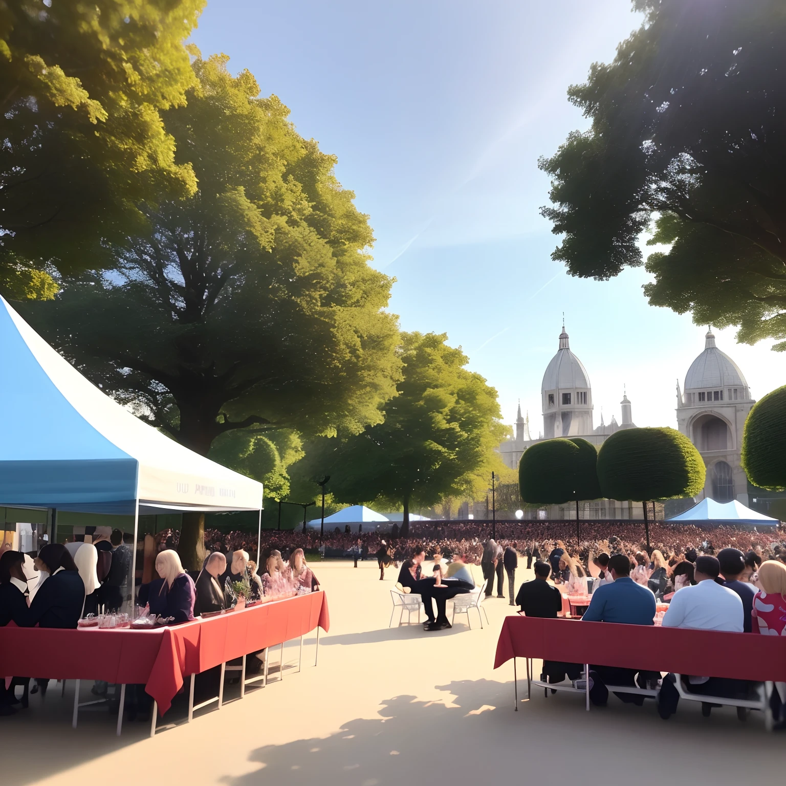 Um parque, Full of people scattered on the set, em um evento de caridade, festa, com barraquinhas de lanches e jogos, The setting is in the morning, e se passa em Londres 
estilo anime