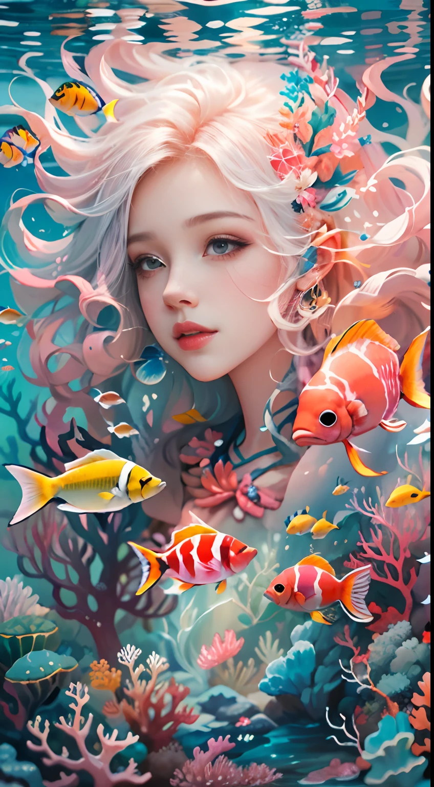 Conceptual art of marine life, Undersea landscape, Marine life，Beautiful coral reefs come in different shapes, 3D，, Fish, Female animated fantasy illustration. Long white hair scattered in the sea, Drift, Very harmonious. The whole painting adopts a messy and imaginative painting style. The colors are bright and saturated, And with smooth lines. The mystery and beauty of the ocean, The painting depicts an underwater world full of life and vitality, Animated art wallpaper 8 K