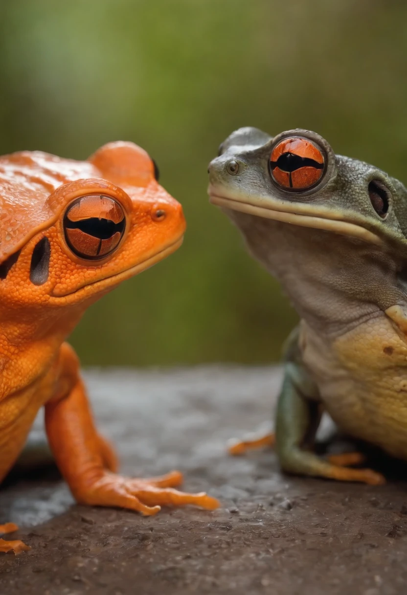 Scary, serial killer looking, dying of poison, frog like human body, reptile skin and claws made of a neon orange metal. Two alien creatures asking for love.