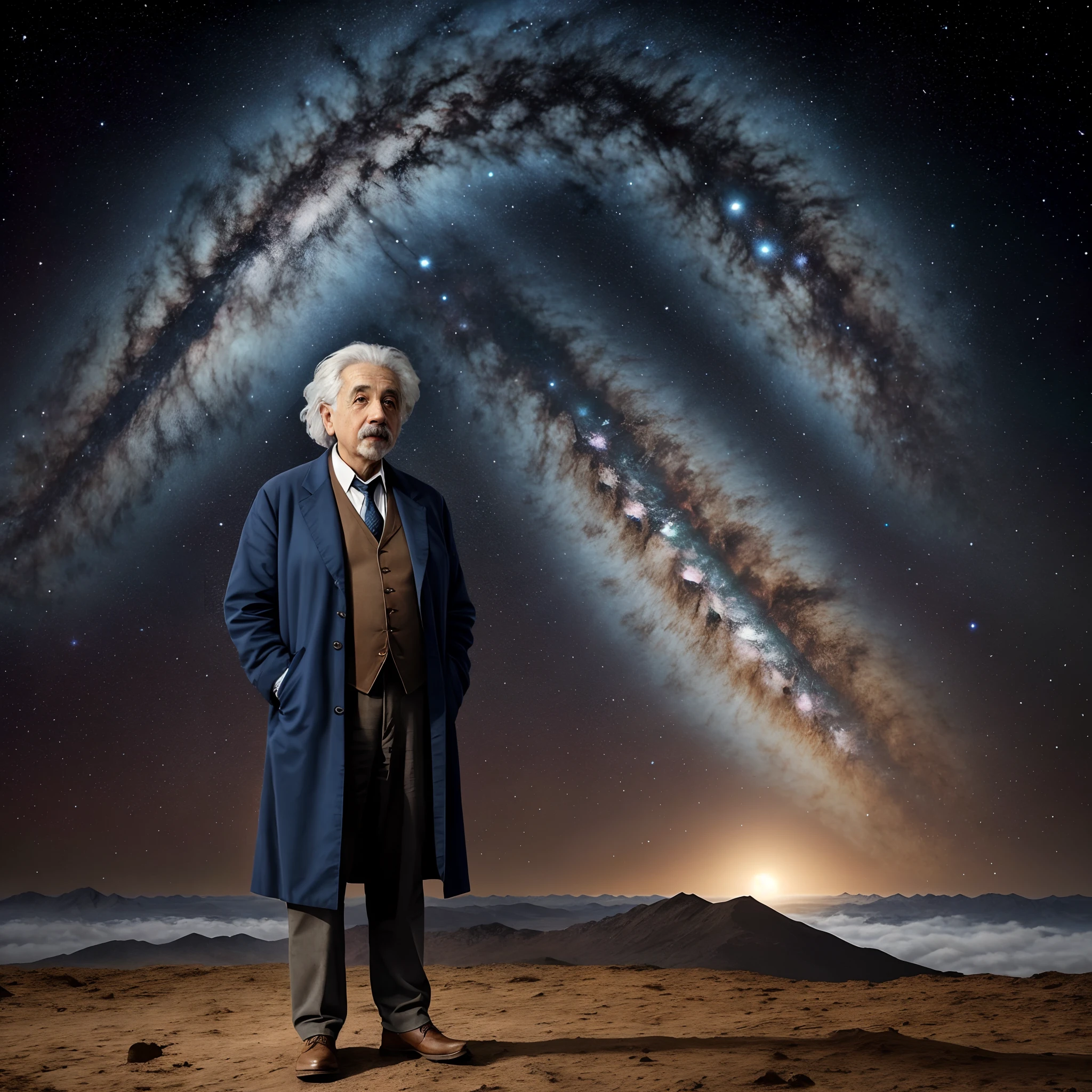 Imagem ultra realista de Albert Einstein detalhada, Einstein alone with the universe from various places,ultra realista detalhado, Einstein ultra realista detalhado sozinho
