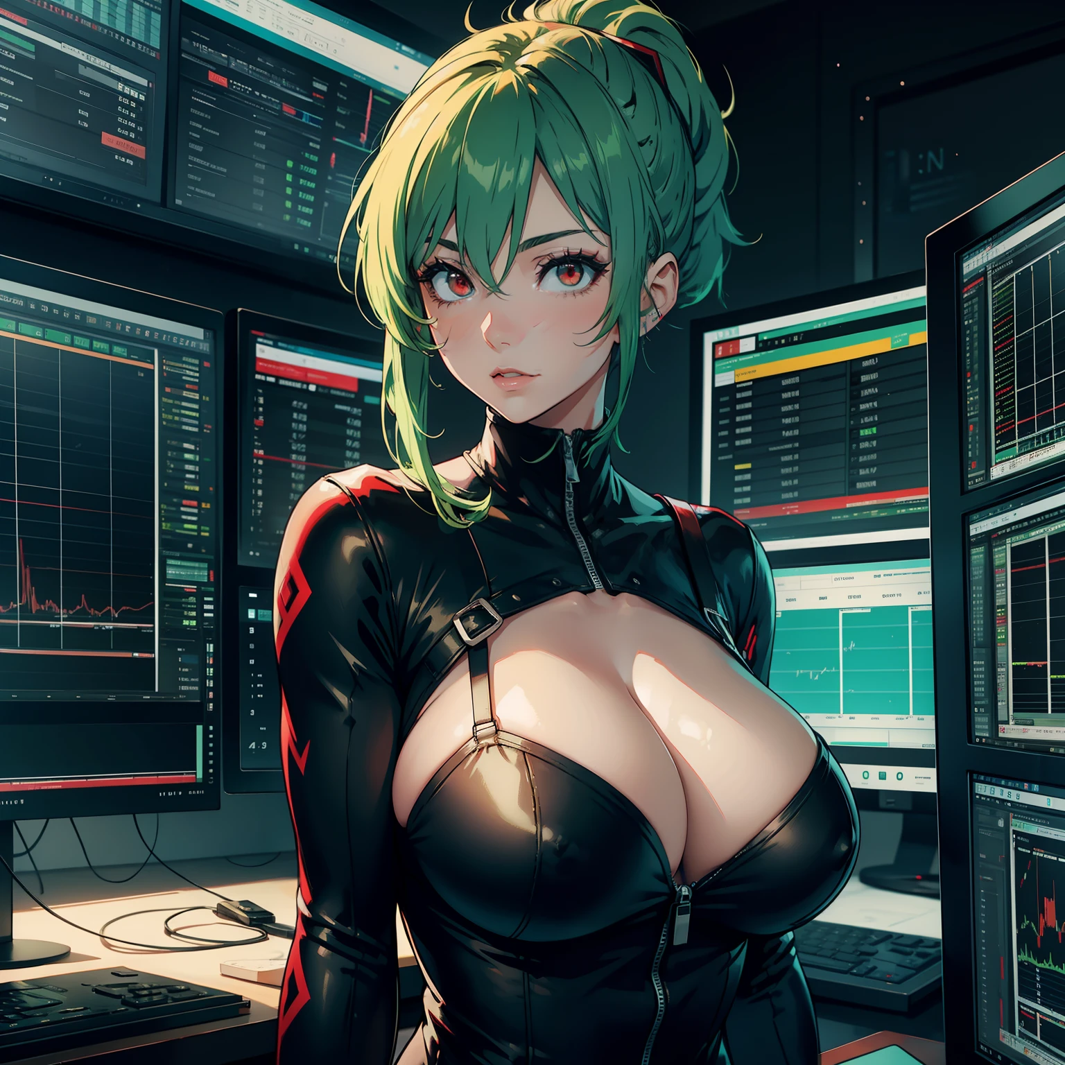 Beautiful woman with trades stock charts on the monitor, she has green hair and red eyes