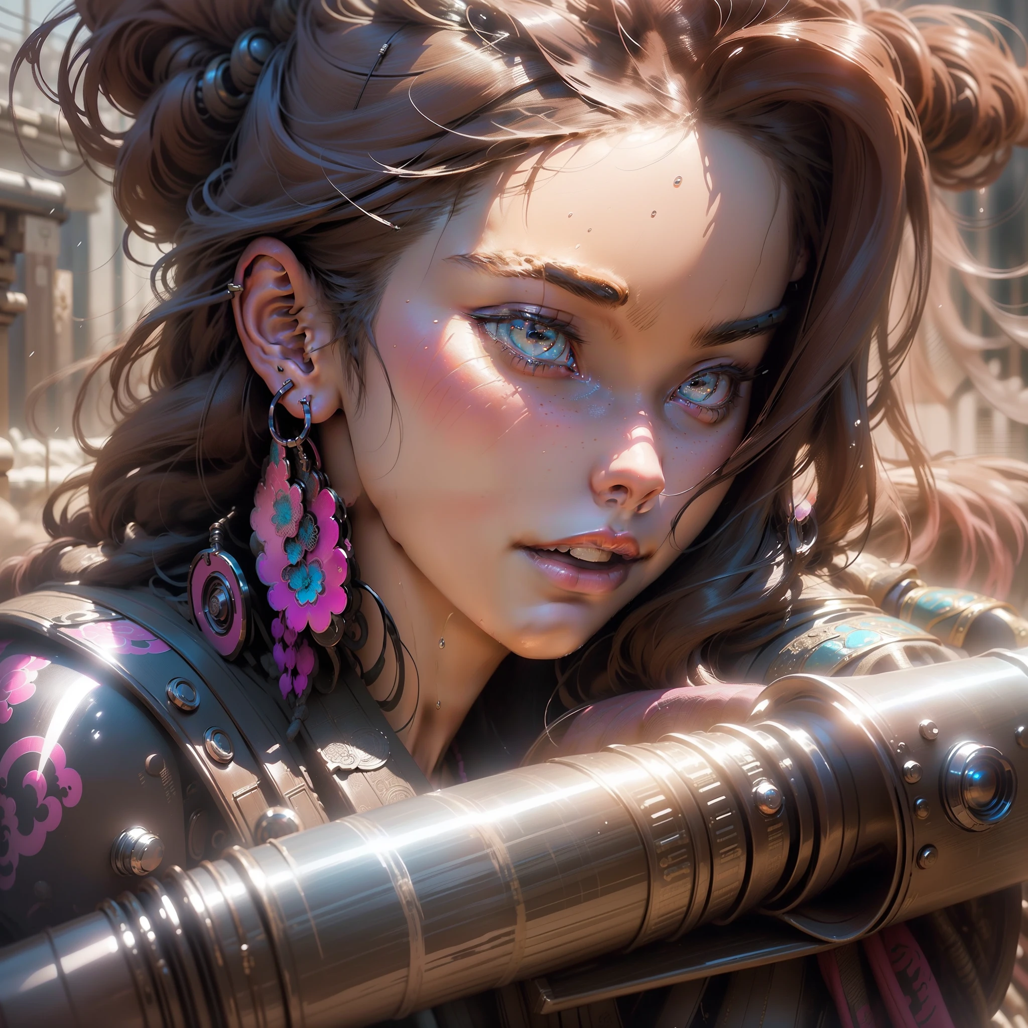 ((Most beautiful Niji image in the world)), ((best quality)), ((masterpiece)), ((Stunning detail)), ((Dramatic pose)) extreme close up candid photographic. Wet look, ((niji style)) gorgeous stunning cyberpunk young woman in pink leather armour. long flowing hair, ((Niji style)) face, 8k, ultra realistic, futuristic city background