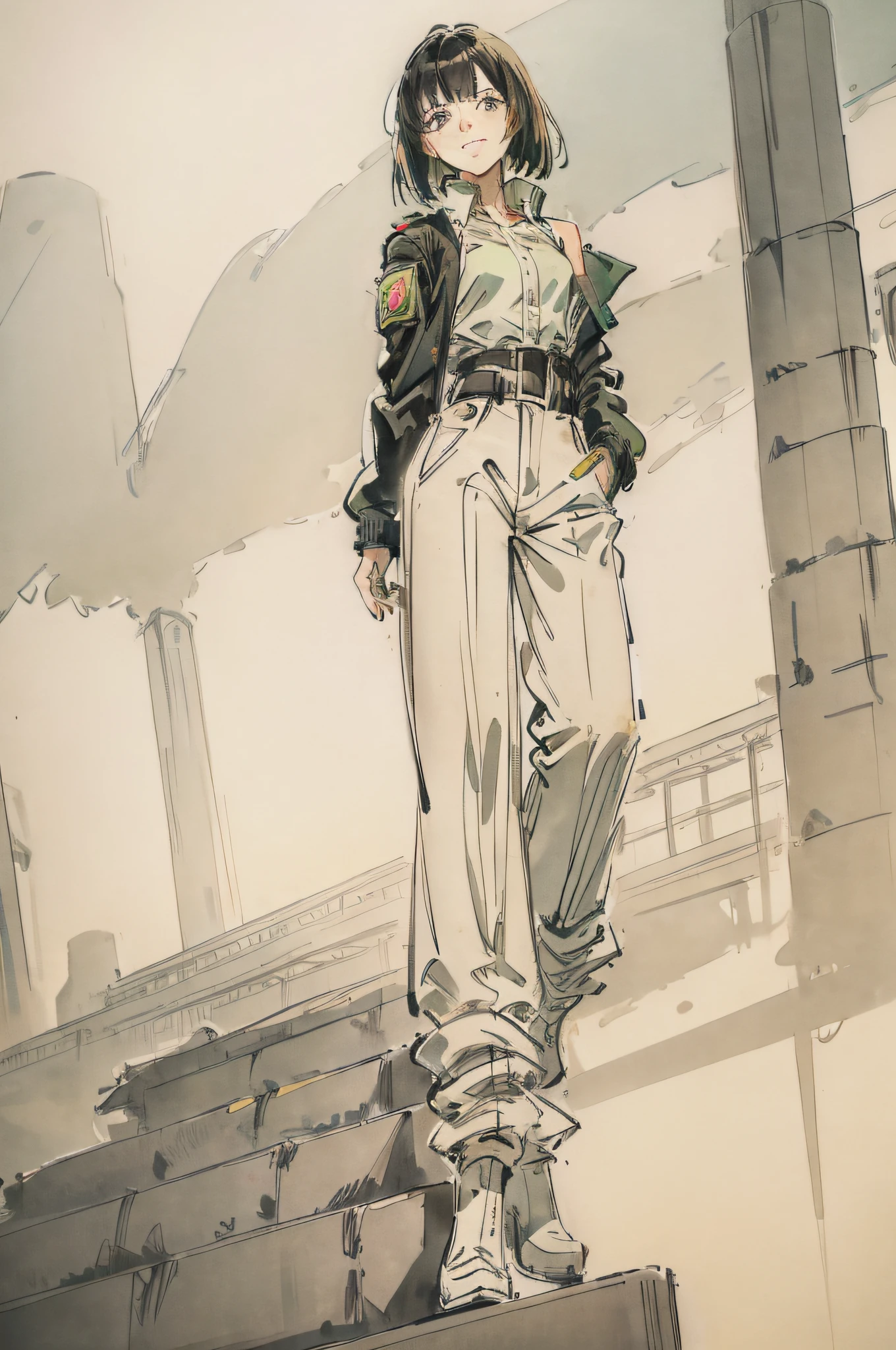 A young woman in a black bomber jacket, white shirt underneath, beige pallazo pants baggy, dark boots, dark hair, bright green eyes, elegant, small smile, shoulder length hair, determind look, sunny, park, sun patches, 4k, beautiful, cinematic vision, mid long shot, mature face, asian, radiant