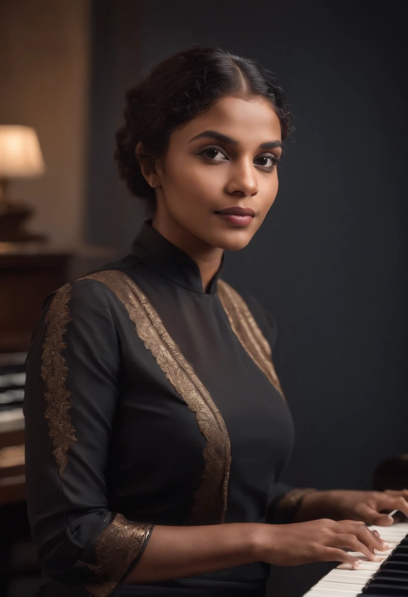 There is a bangladeshi light brown woman wearing black full sleeve salwar kameez playing a piano, Promotional Art, fanart, martin ansin artwork portrait, promotional image, hq artwork, art promotional, fanart, album art, official artwork, key art, promotional artwork, Siswave, digitalartist, Ashtelos, afro futurism, jen bartel, keyboardist, blend