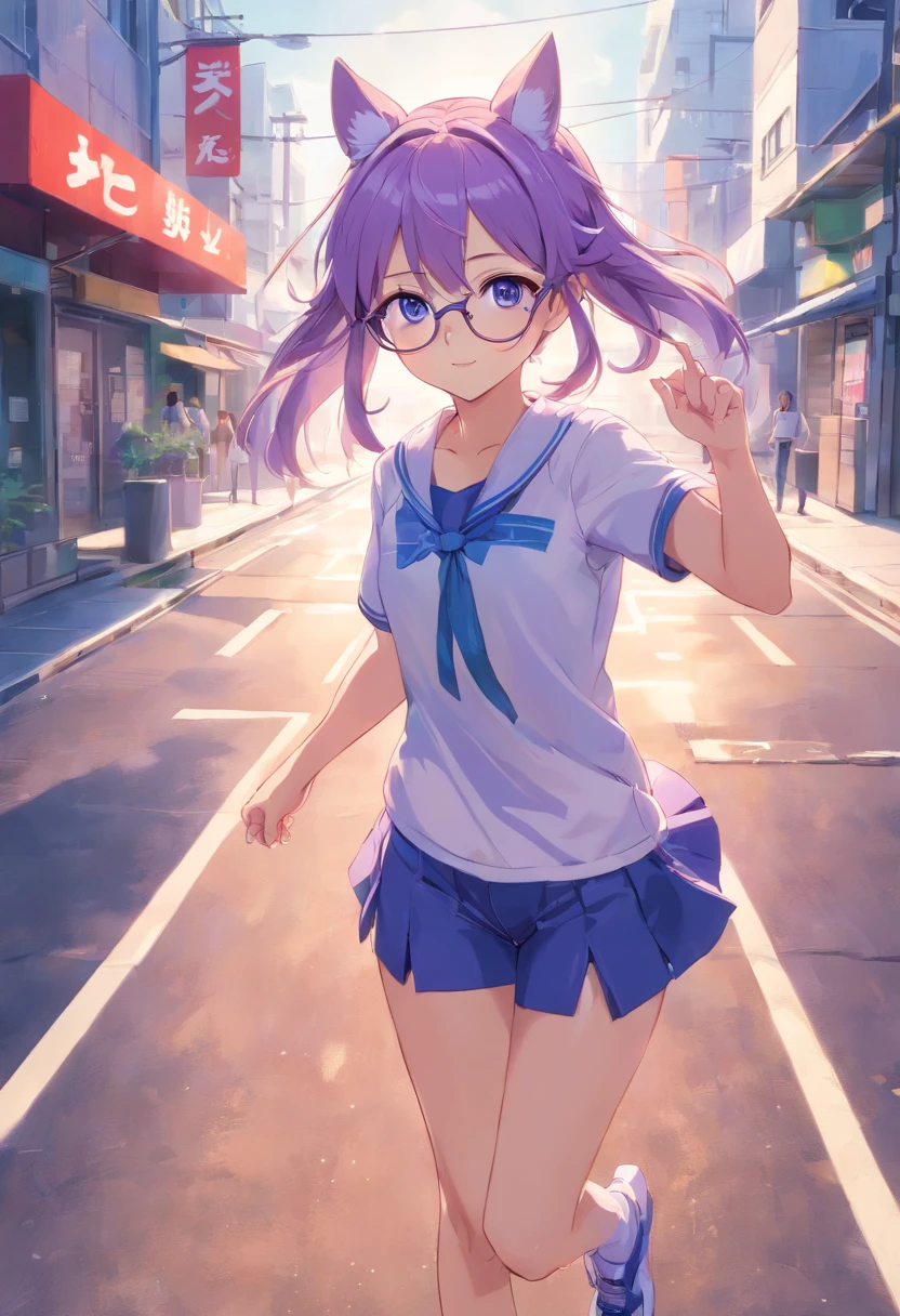 ((Best Quality)), (ultra-detailliert), ((Extremely detailed)), (Beautiful), ((Kawaii Girl)),((masutepiece)),Blue eyes、Hair is white、Longhaire、Quirk hair、Horse ears,Horse tail、tall、Breasts are big、White running clothes on purple background、Lavender colored black running shoes、Red under-rim glasses、animesque、Uma Musume,One girl,Pipa early English