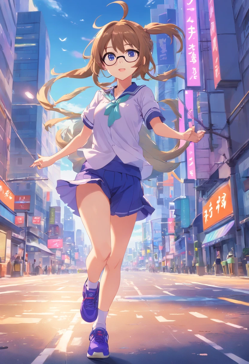 ((Best Quality)), (ultra-detailliert), ((Extremely detailed)), (Beautiful), ((Kawaii Girl)),((masutepiece)),Blue eyes、Hair is white、Longhaire、Quirk hair、Horse ears,Horse tail、tall、Breasts are big、White running clothes on purple background、Lavender colored black running shoes、Red under-rim glasses、animesque、Uma Musume,One girl,Pipa early English