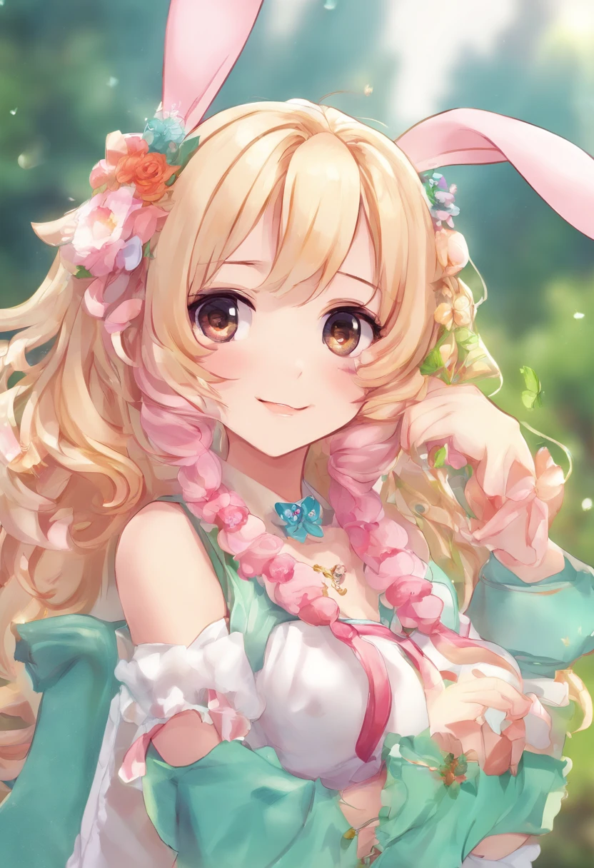 ((Best Quality)), (ultra-detailliert), ((Extremely detailed)), (Beautiful), ((Kawaii Girl)),(two side up hair)、((masutepiece)),Platinum Blonde Hair,Long hair, hair between eye, Wavy Hair, Long sideburns,Jade-colored eyes, White skin,Colossal tits、Rabbit ears,Slender body,playboy_bunny,Standing,Look Camera,One Woman,Anime