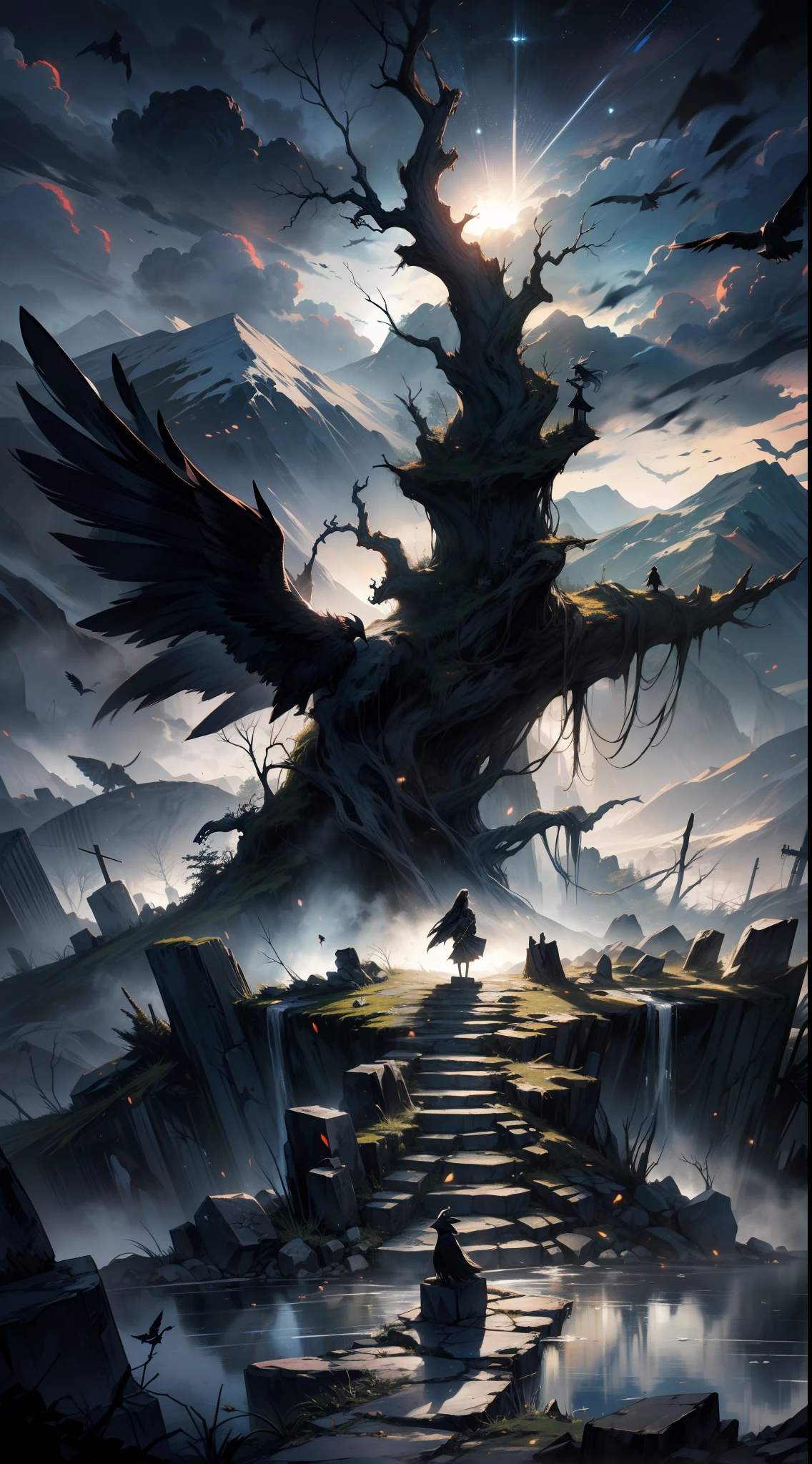 a cold scenary, dark, death, alone, 1girl, rocks, dry, dead tree,mountain, valleis, fog, spectral,magic, scary, crows, intimidating,inposing, superior, artistic, clouds, scary path, danger, shadow, dynamic, rich composition, intricate, detailed, hidding,landscape, sketch,