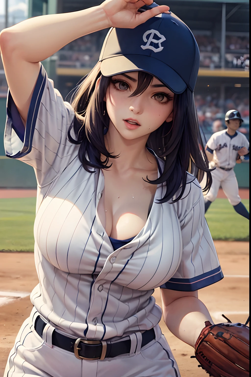 (Details of a very beautiful face), (Best Quality:1.4), 8K resolution, High resolution, 1womanl, Beautiful woman, best beauty, Super beautiful detailed face, Smooth skin, inely detailed beautiful eyes, Official portrait, Fine skin texture, Gloss on lips, Parted lips, Japanese, (Baseball uniform with wide open chest:1.25), Large breasts, thin waist, big butts, pitcher, throwing, Dynamic Pose, baseball field, Sweating, Baseball Cap,