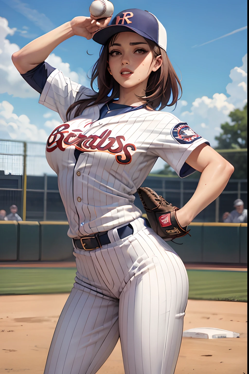 (Details of a very beautiful face), (Best Quality:1.4), 8K resolution, High resolution, 1womanl, Beautiful woman, best beauty, Super beautiful detailed face, Smooth skin, inely detailed beautiful eyes, Official portrait, Fine skin texture, Gloss on lips, Parted lips, Japanese, (Baseball uniform with wide open chest:1.25), Large breasts, thin waist, big butts, pitcher, throwing, Dynamic Pose, baseball field, Sweating, Baseball Cap,