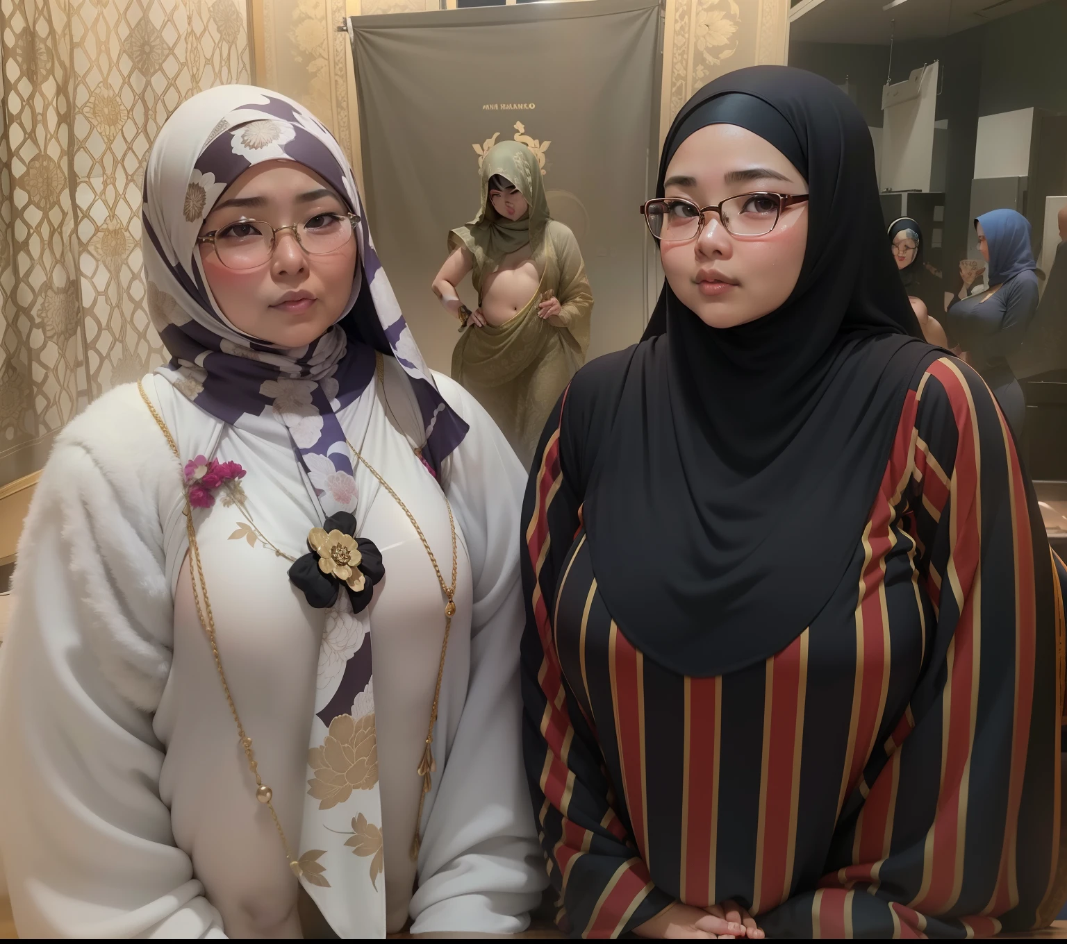 2 40 years old Asian females. wearing hijab malaysian style. wearing eyeglasses. fair skin tone, curvy body. short height, chubby weight. very large breast. naked. sexy pose. against a studio backdrop backdrop. exuding a erotic aura. full body shot. captured from a front view angle. Playing with their pussies