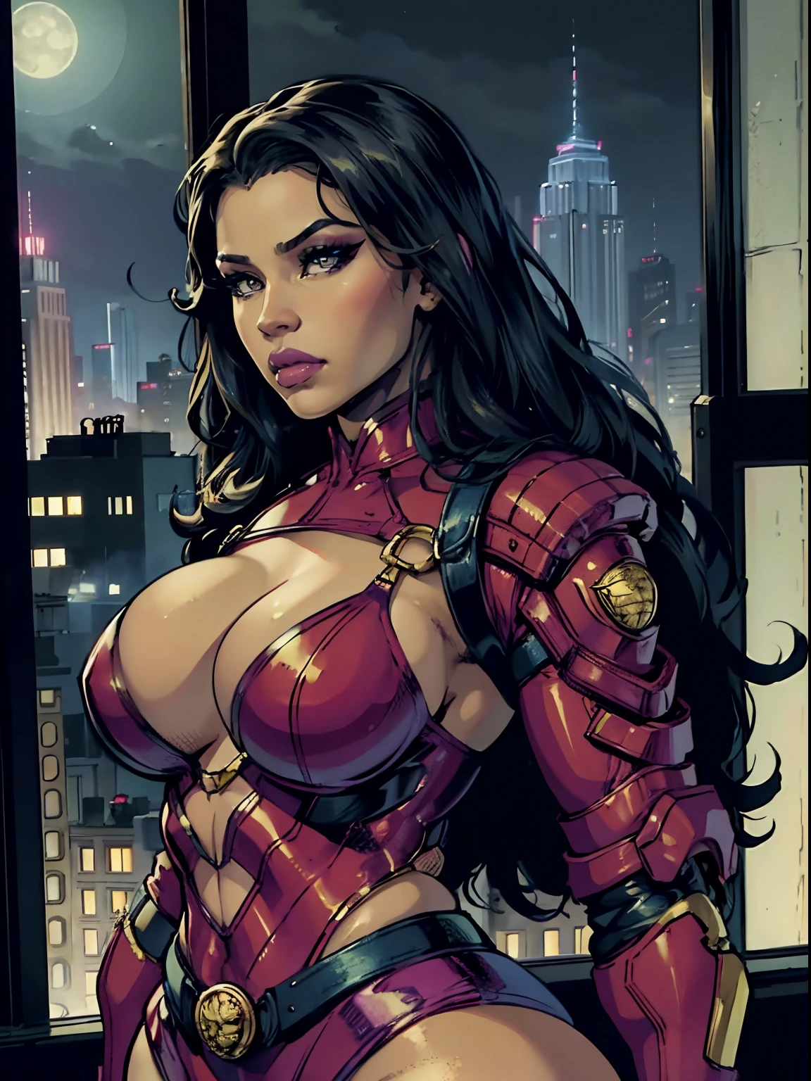 jim lee

(nicki minaj), portrait, 1girl, brown skin, modern fashion, makeup, direct look, ((night)), city, 

((masterpiece))