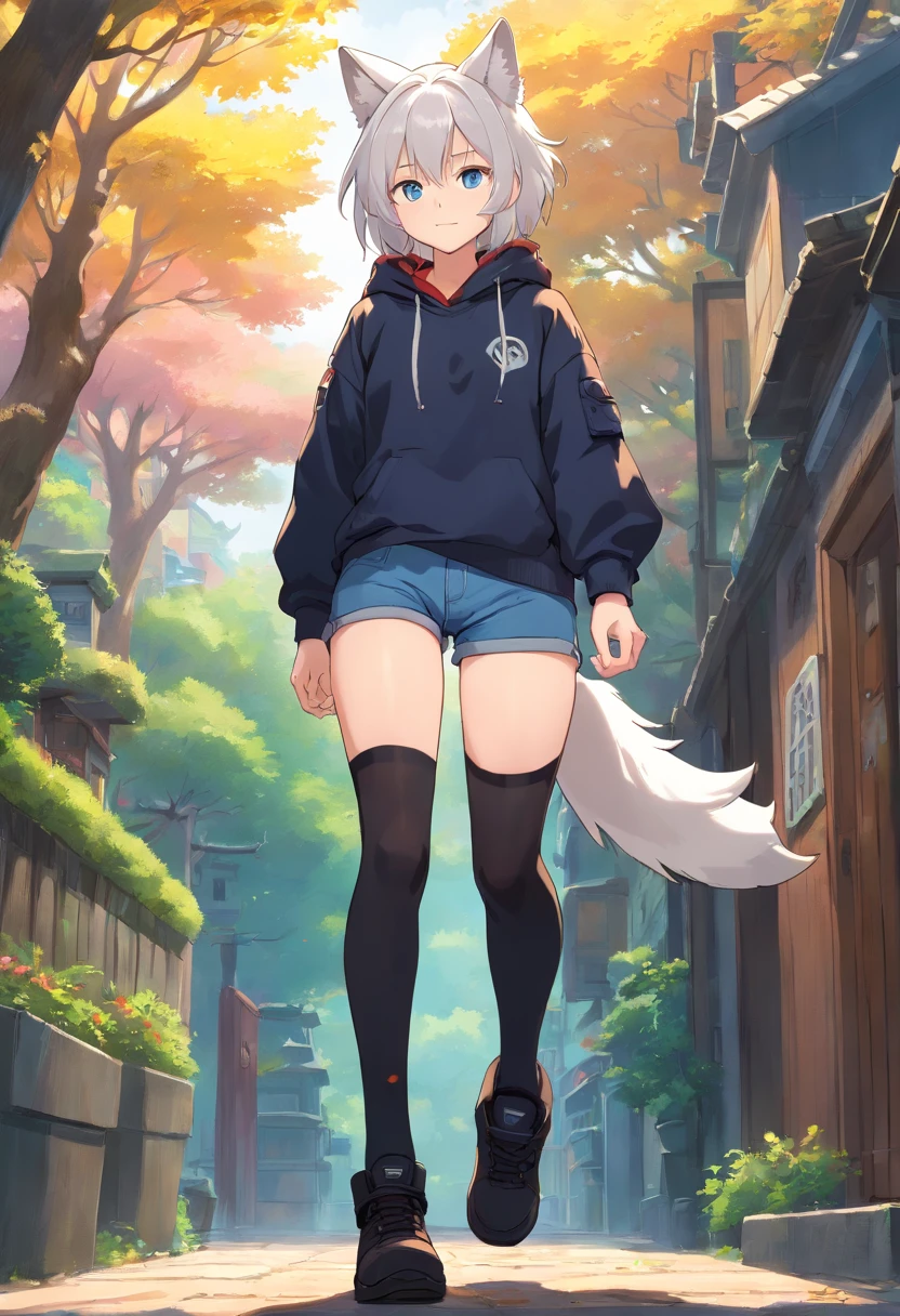Single boy, Anime Femboy, Short, Long white hair, wolf ears, wolf tail, blue eyes, wearing jean short shorts, thigh high socks, black combat boots, wearing cropped black hoodie, flat chest, super flat chest, solo femboy, only one femboy ((FLAT CHEST)), wide hips, thicc thighs, happy, nice butt