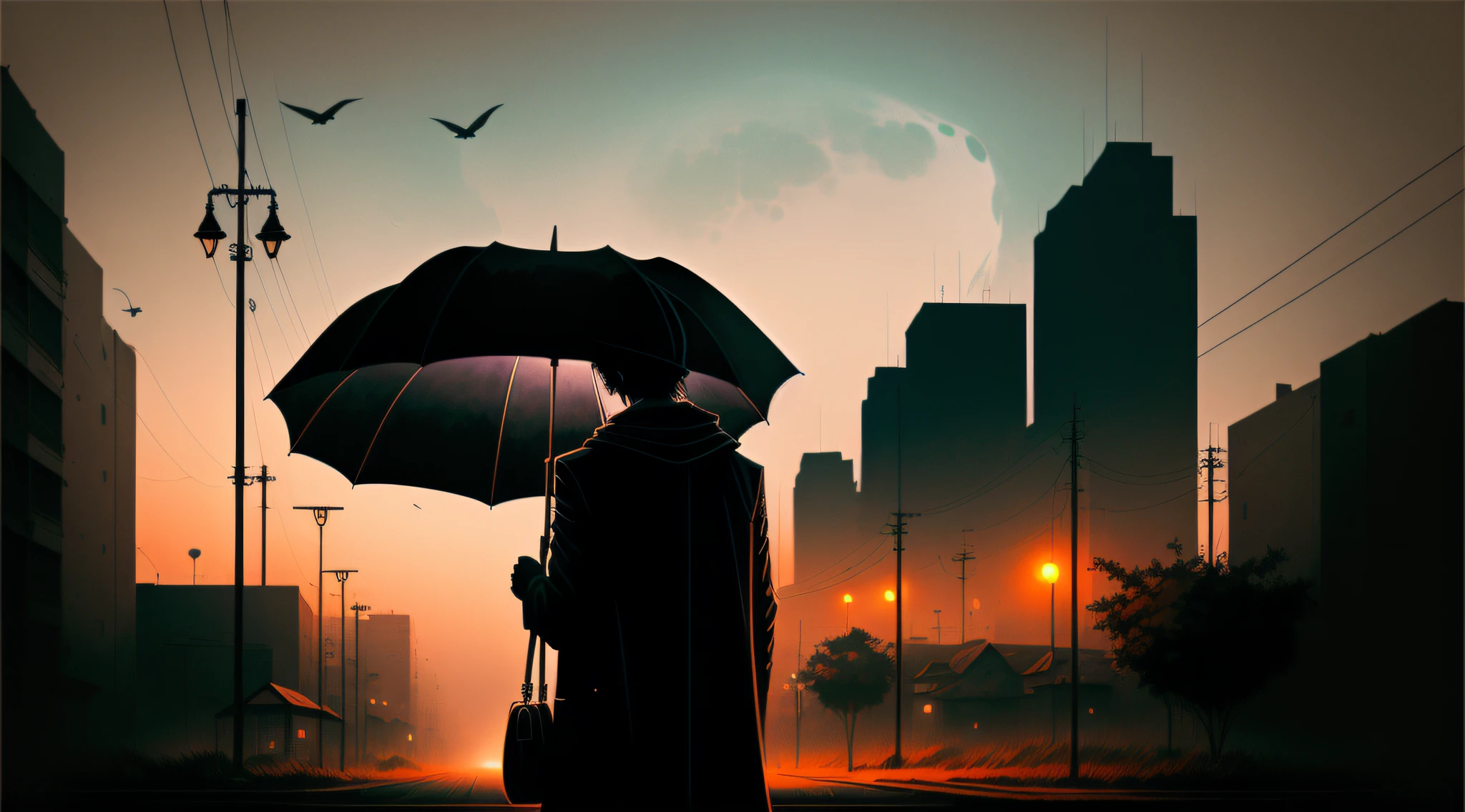 A work of art that is perfect for the cover of a lofi album that explores dark and melancholic themes. Imagine a night and urban setting, with an abandoned city shrouded in mist. The moon shines softly in the sky and illuminates the silhouette of decaying buildings. At the center of the composition, Highlight a lone figure, caminhando pela cidade deserta, holding an umbrella in one hand. The figure is dressed in dark clothes and looks contemplative. Create an atmosphere of loneliness and melancholy, with dark colors and details that evoke a sense of deep introspection. The work should convey the feeling of exploring the darker and more emotional side of lofi music