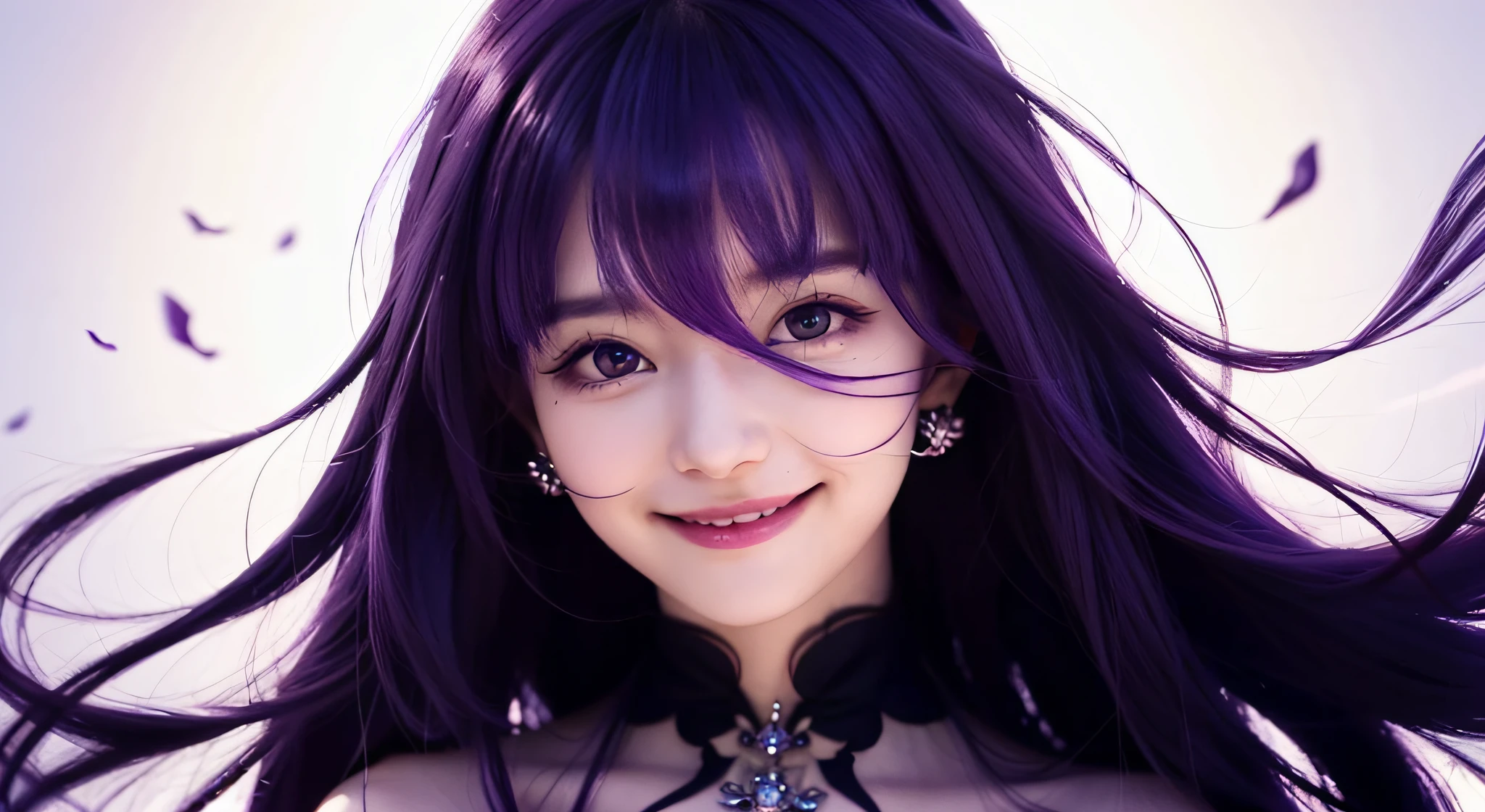 superfine illustration, very detailed beautiful face and eyes, Dynamic Angle, grin, Purple hair, Hair extension, concert hall