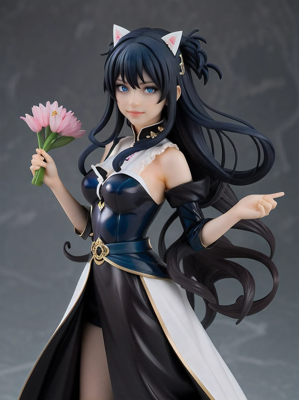 (masterpiece:1.2, best quality), (real picture, intricate details), 1girl, solo, long dark blue flowing hair, ((dark blue hair)), black dress, pop up parade figure, beautiful anime face, gorgeous, evil goddess, sadistic smile, black flowers on head, pink flowers, Shunya Yamashita, KOTOBUKIYA, The statue was made into the BISHOUJO style by Shunya Yamashita, blue flames