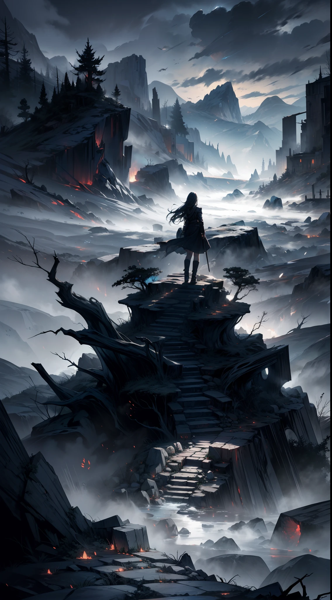 a cold scenary, dark, death, alone, 1girl, rocks, dry, dead tree,mountain, valleis, fog, spectral,magic, scary,  intimidating,inposing, superior, artistic, clouds, scary path, danger, shadow, dynamic, rich composition, intricate, detailed, hidding,landscape, sketch,