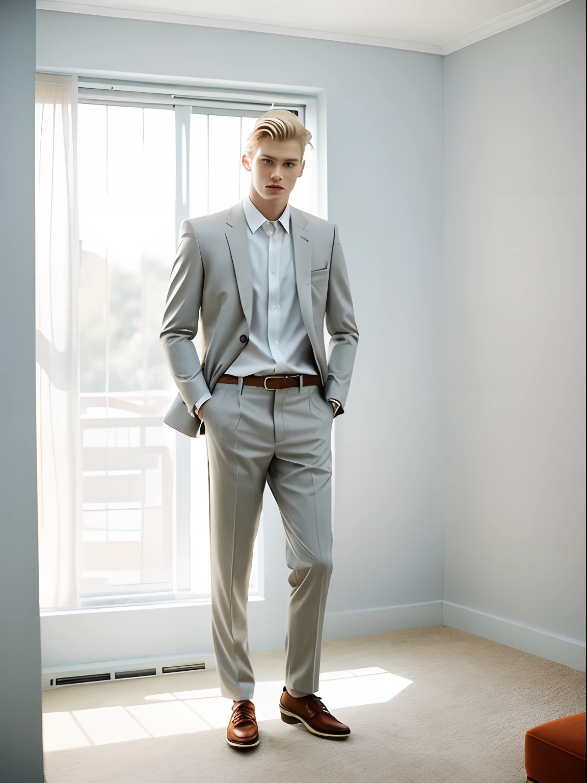 Fashion photo essay, blonde male model, room with natural light, comfortable clothes, hair contour light and face soft light, wearing suit