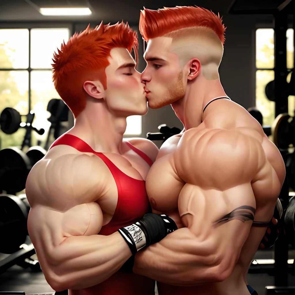 Male bodybuilder with red hair kissing blonde mail bodybuilder