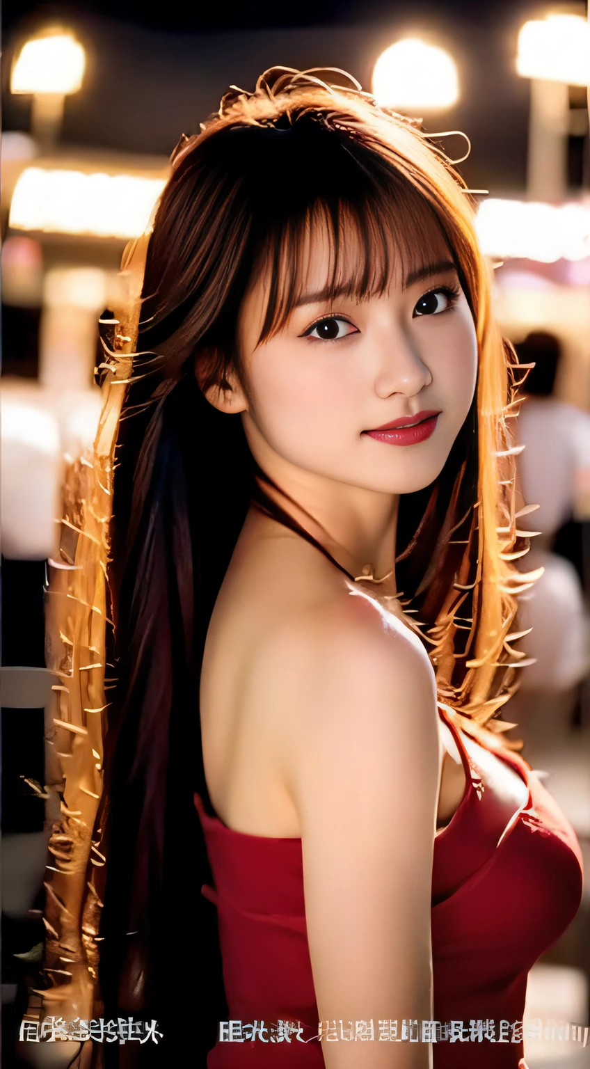 top-quality。８K-Picture。Ultra-high pixel。The background is the city at night。girl with。hair is long and slightly wavy,,,,,,,,,,,,,,,,,,,,,,,,,,,,,,,,,,,,,,,,,,,,,,,,,,。The color is dark brown。Glamour style、((huge-breasted：1.8))。wearing red dress、Photos dancing brilliantly。Delicate finish overall。The body line is gorgeous。legs are long、Wear red high heels。((Hair shines like a reflection of the street。The eyeball reflects the surrounding landscape。The skin is wet with night dew))。Almost perfect woman。((time々In close-up of the upper body))。The second highlighted part々I want you to express it in close-ups。