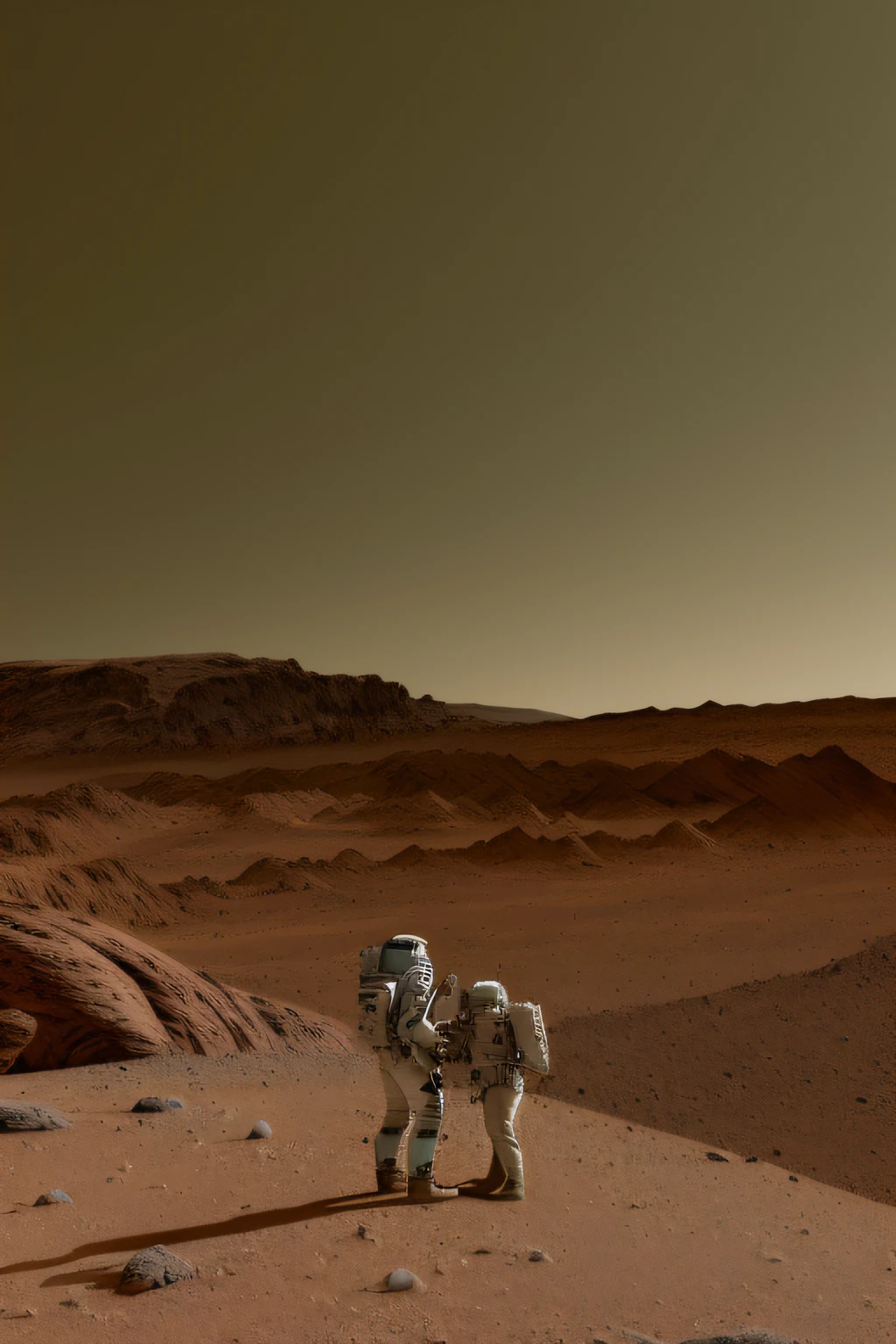 astronauts on a desert surface with mountains in the background, mars vacation photo, standing on a martian landscape, overlooking martian landscape, on a remote desert planet, on the surface of mars, mars landscape, on another planet, an alien landscape view, american soldiers invaded mars, on a desert planet, martian landscape, on the orange surface of mars, abandoned on mars, on mars